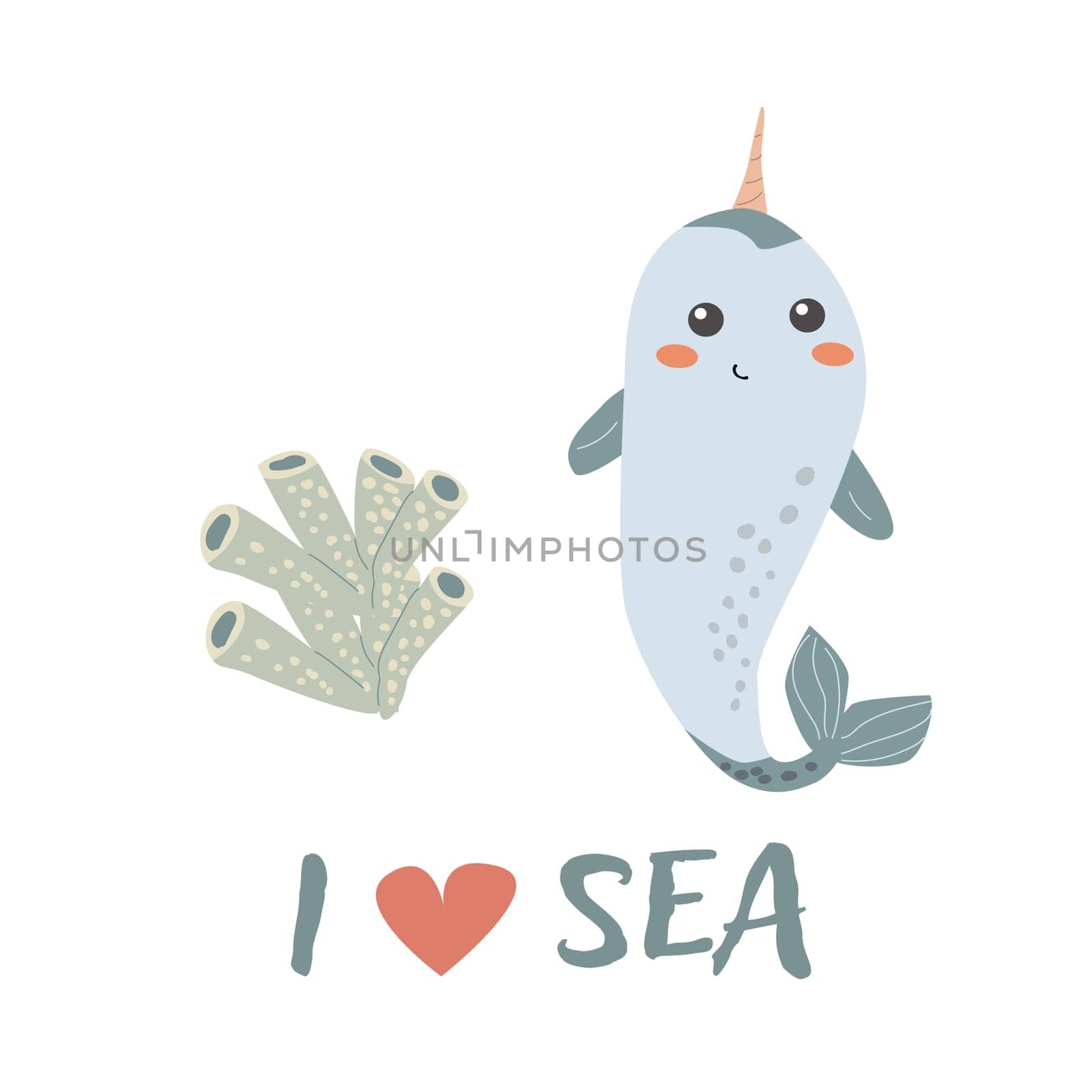 Childrens sea animal swordfish background with words. Nautical elements. Cute fish or ocean inhabitant with seaweed. Sea wild life, marine animals with text for stickers, cover design, cloth