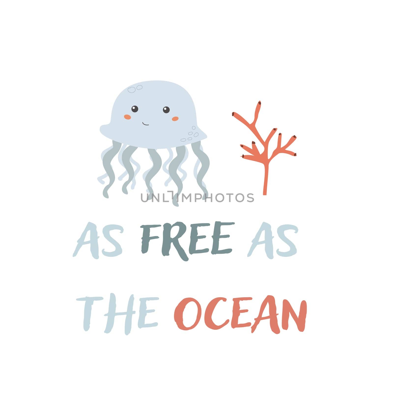 Childrens sea animal background with words. Nautical elements. Cute fish or ocean inhabitant with seaweed. Sea wild life, marine animals with text for stickers, cover design, clothes. Jellyfish.