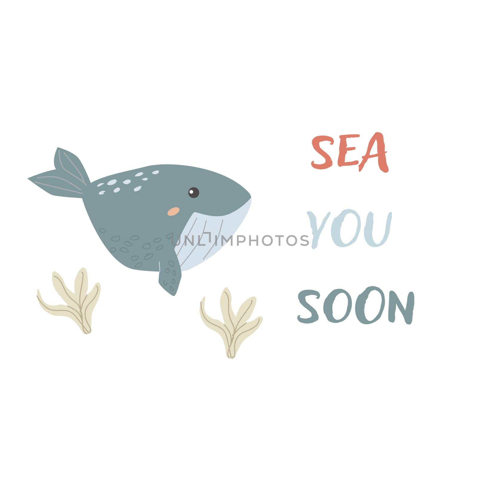 Childrens sea animal background with words. Nautical elements. Cute fish or ocean inhabitant with seaweed. Sea wild life, marine animals with text for stickers, cover design, clothes.