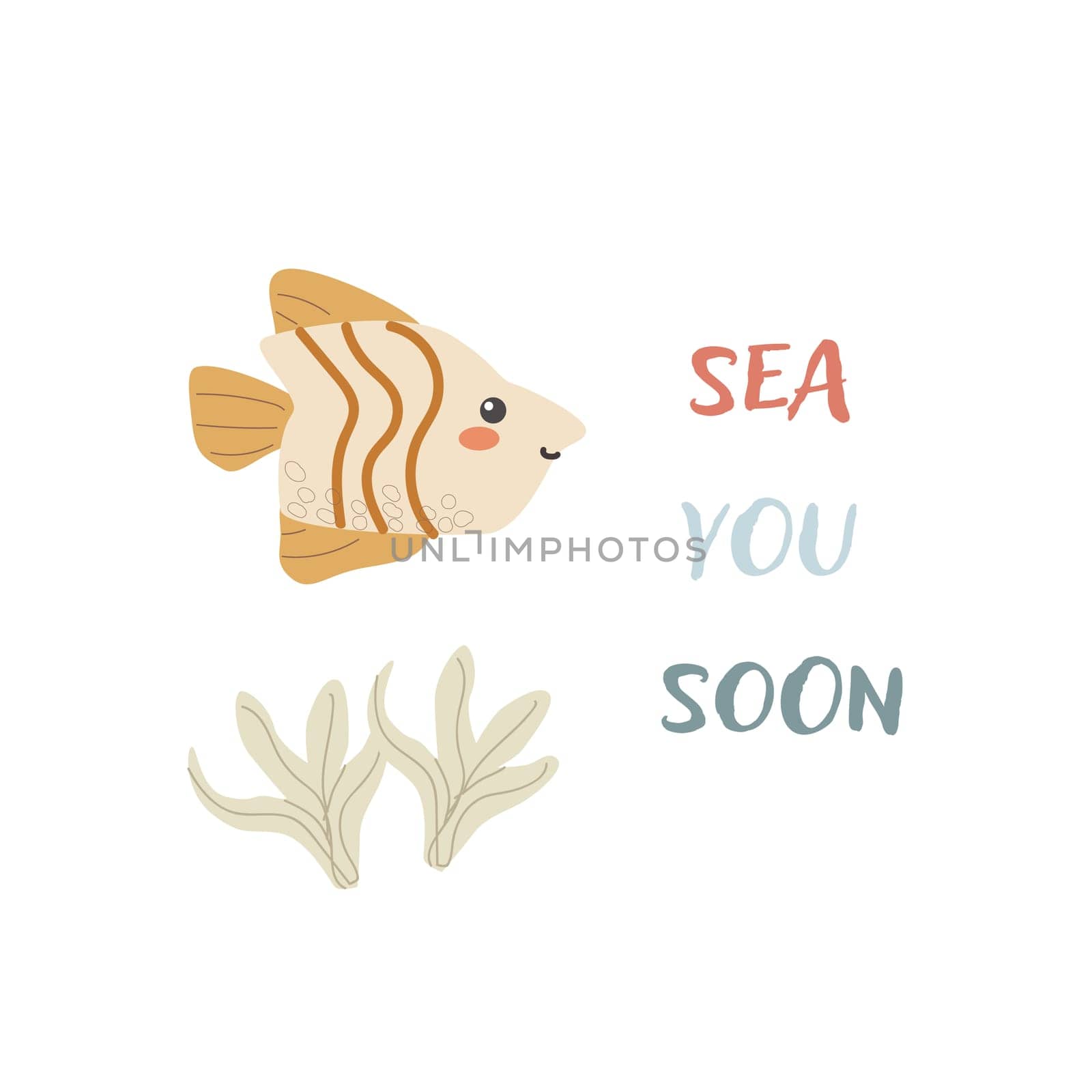 Childrens sea animal fish background with words. Nautical elements. Cute fish or ocean inhabitant with seaweed. Sea wild life, marine animals with text for stickers, cover design, cloth