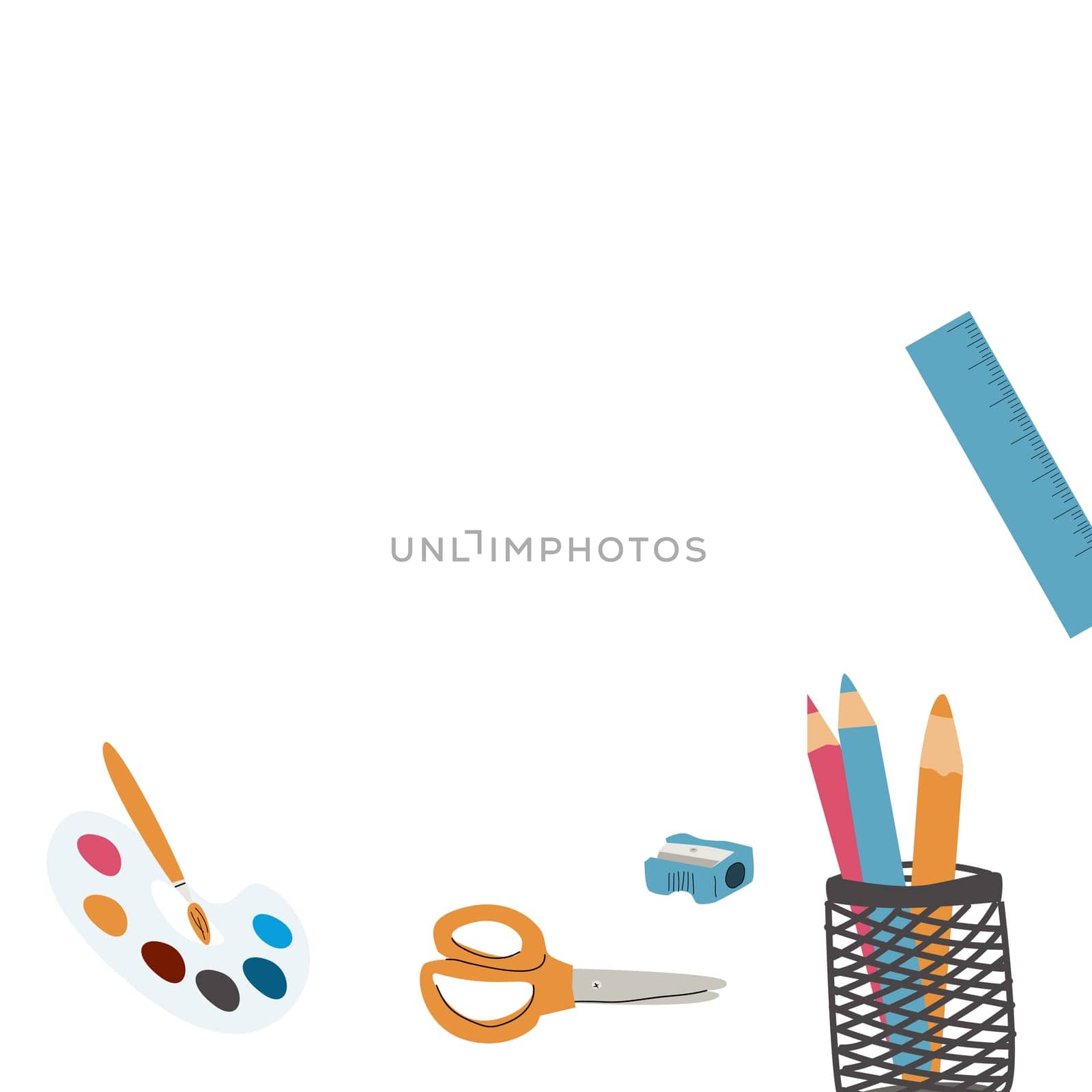 Back to school, kindergarten banner or frame. Children school elements, pencils background with copy space. Children supplies, cute design. Can used for poster, sale banner.