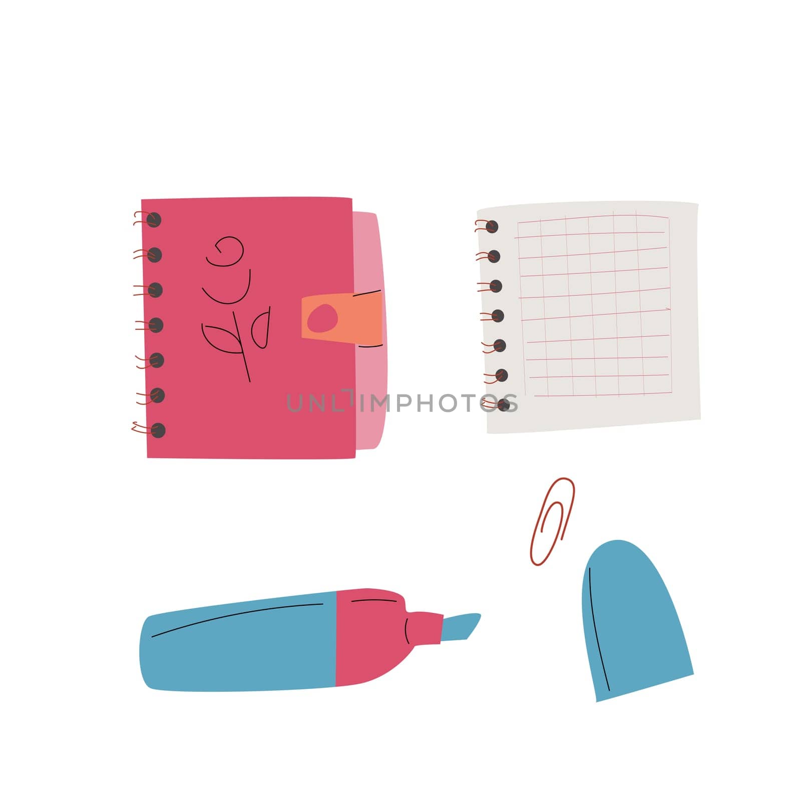 Childrens supplies cute elements of elementary school. notes for stickers, scrapbooking. Kindergarten flat elements for education. Back to school.