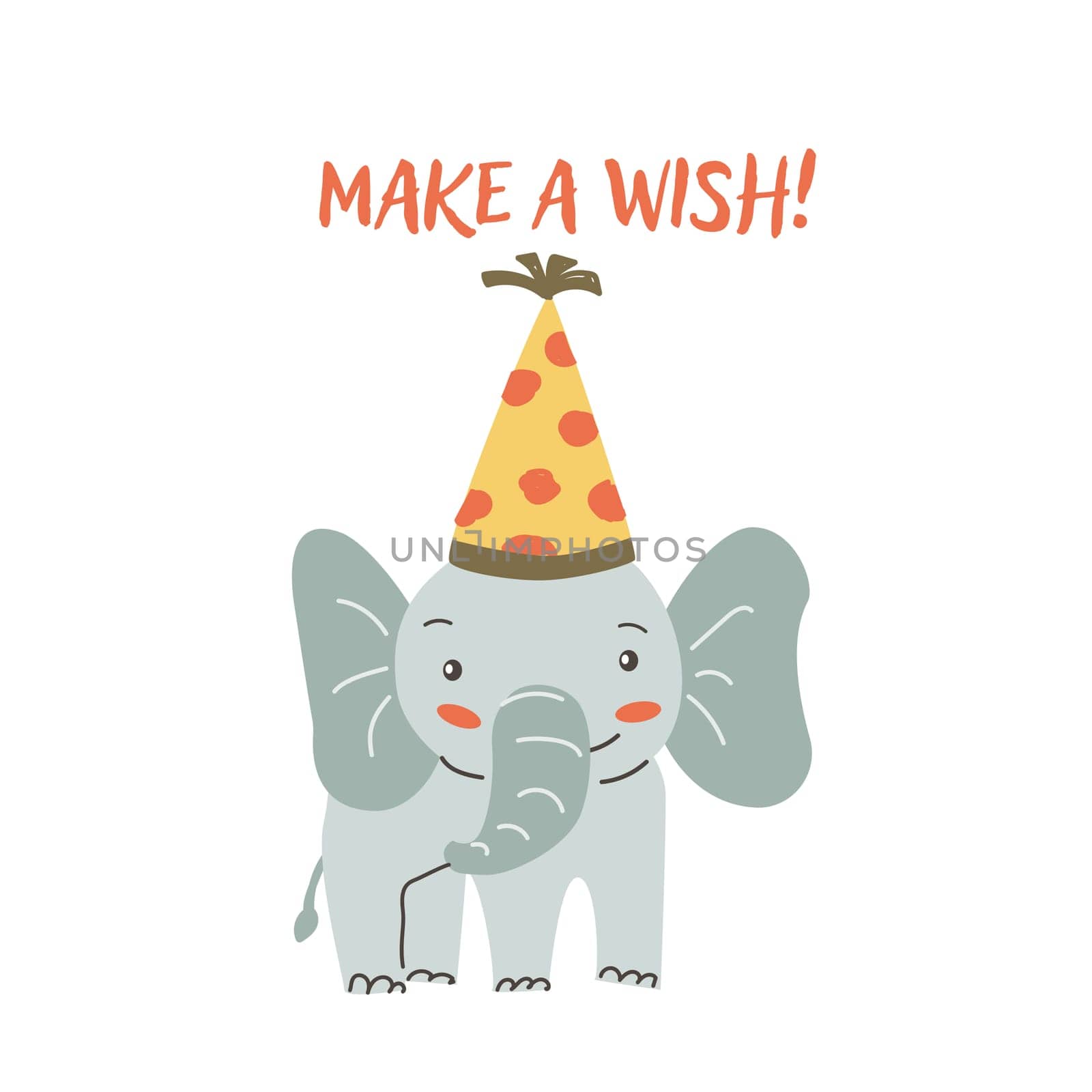 Childrens animal card elephant with congratulation text. Cute african animal celebration design. Greeting card with little wild pet for Childish postcard.