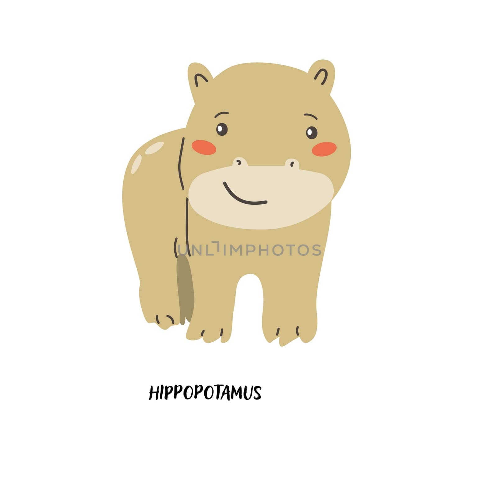 Childrens animal card hippopotamus for education. Kindergarten design. Cute african animal flash card on english language. Funny cartoon character poster for kids room with quotes.