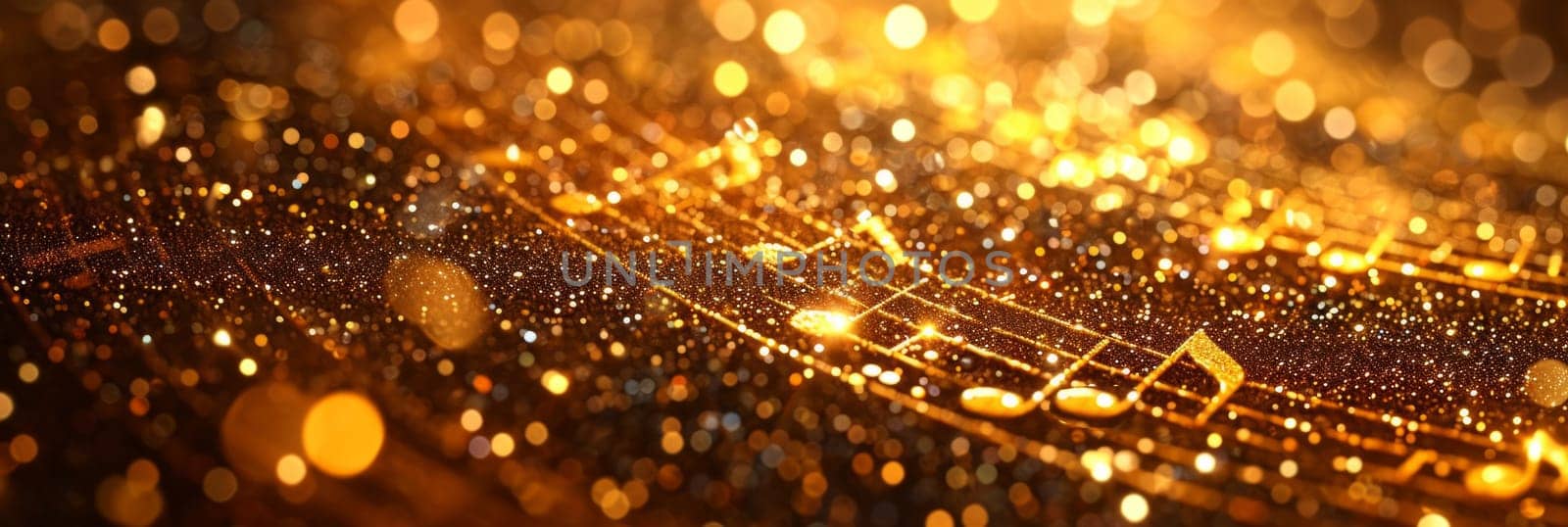 A close up of a golden background with musical notes