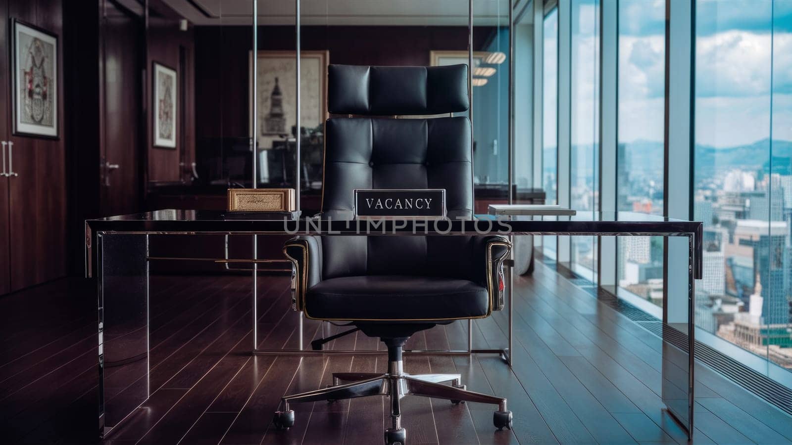 A black leather office chair with a VACANCY sign in a stylish, modern office with a city view, symbolizing opportunity and professionalism.