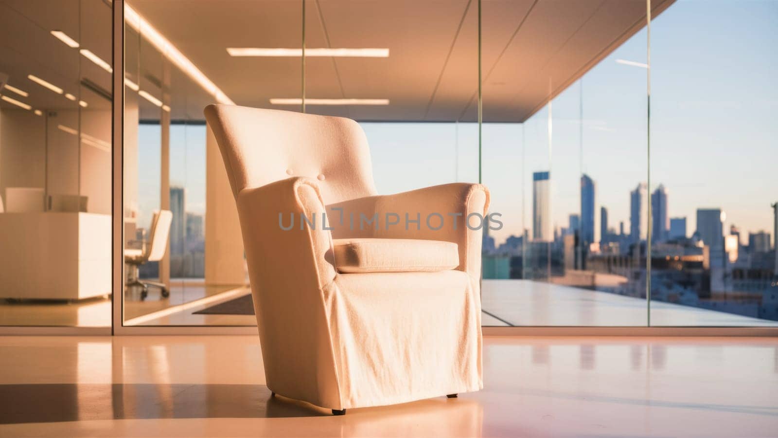 An elegant white chair in a bright, modern office space with large windows and a panoramic city view, exuding sophistication and comfort.