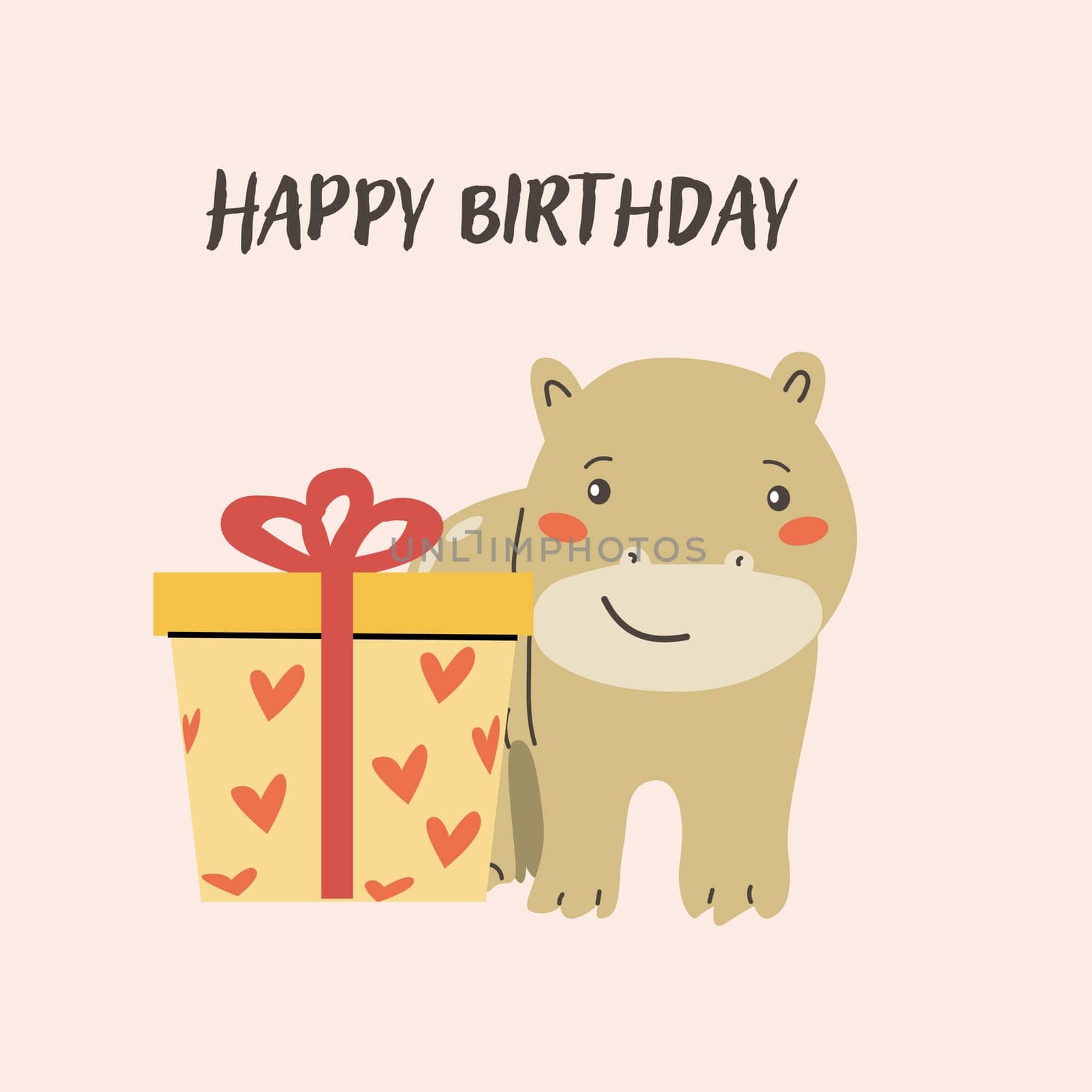Childrens animal card Hippo with congratulation text. Cute african animal celebration design. Greeting card with little wild pet for Childish postcard.