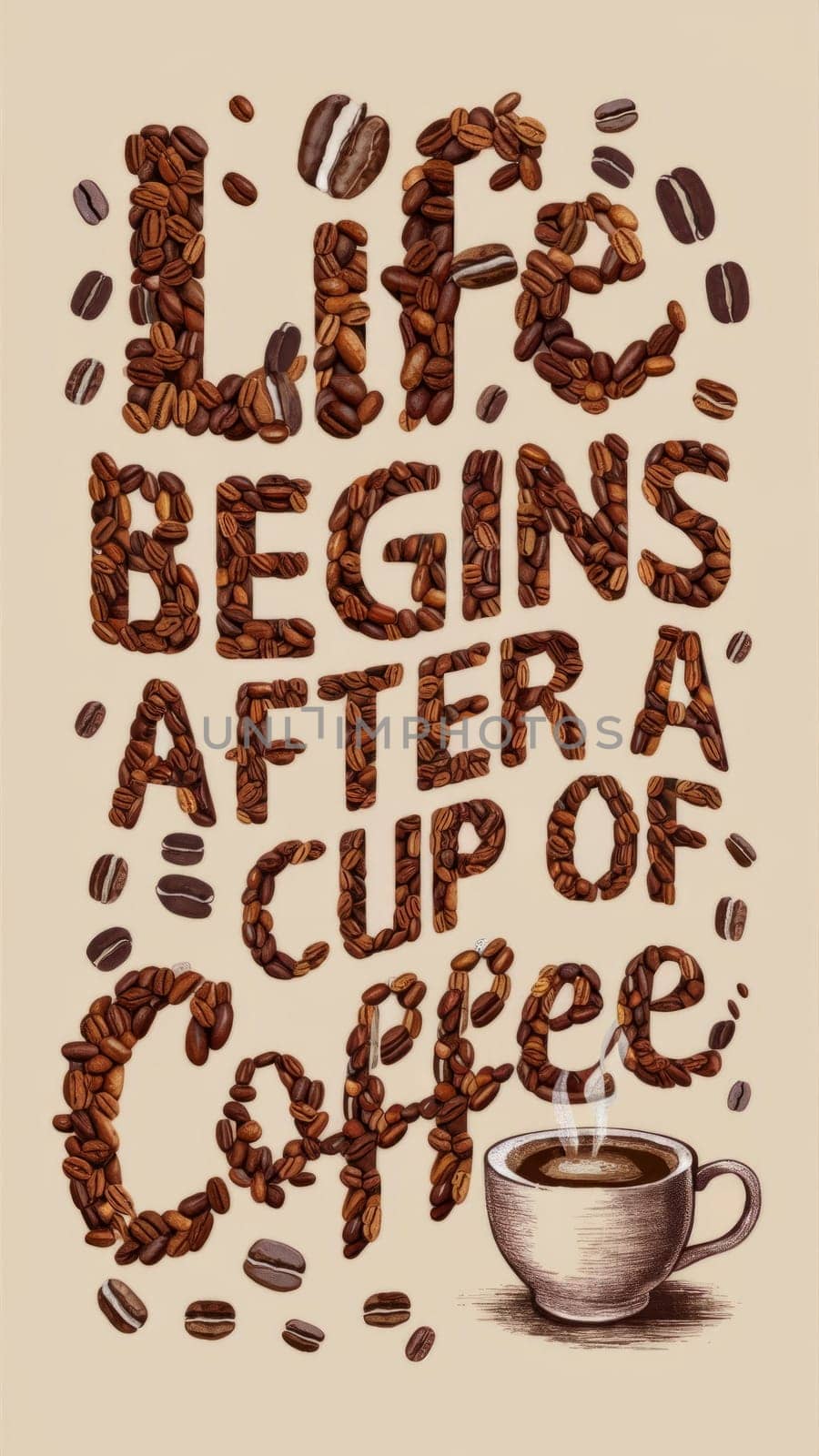 Creative typography made from coffee beans with the inscription ,Life begins after a cup of coffee, and an image of a cup. AI generated.