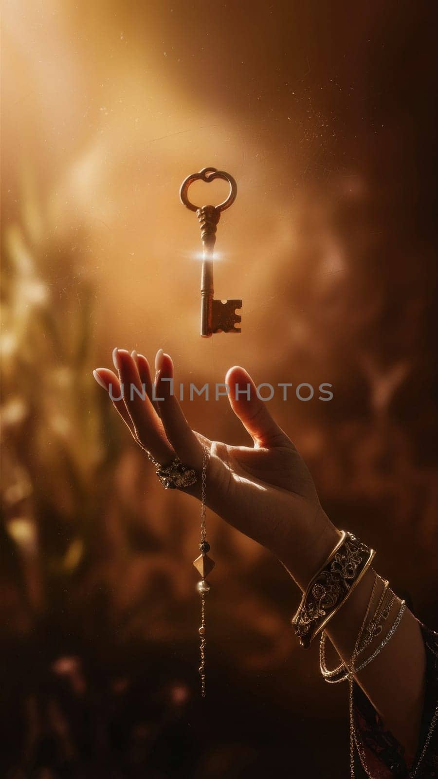 A mystical antique key levitating above a hand, enveloped in a warm, glowing light. AI-generated.