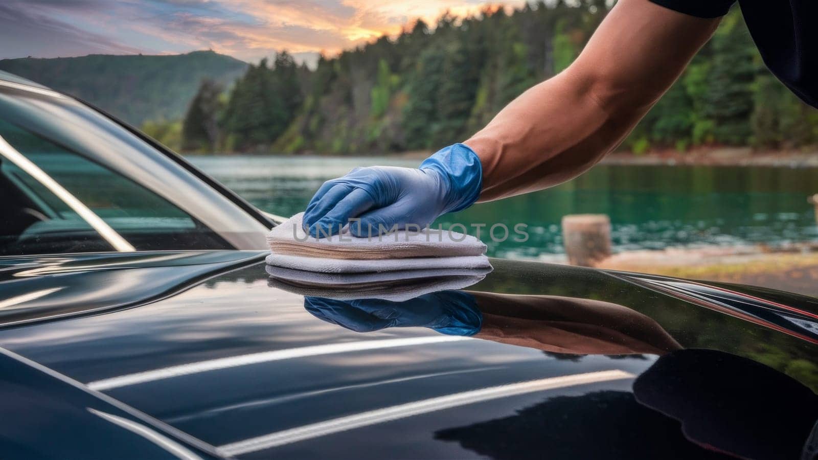Close-up of a man's gloved hand wiping a car with a microfiber cloth, against a scenic background.