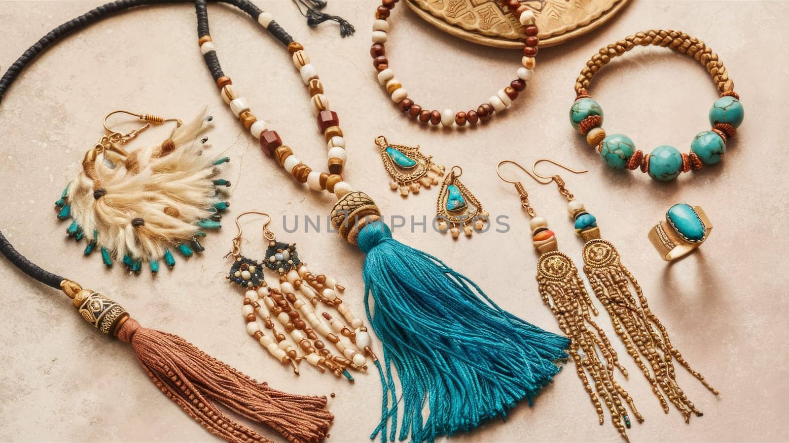 A collection of boho style jewelry including necklaces, earrings, and bracelets with turquoise and bead accents, displayed on a beige background.