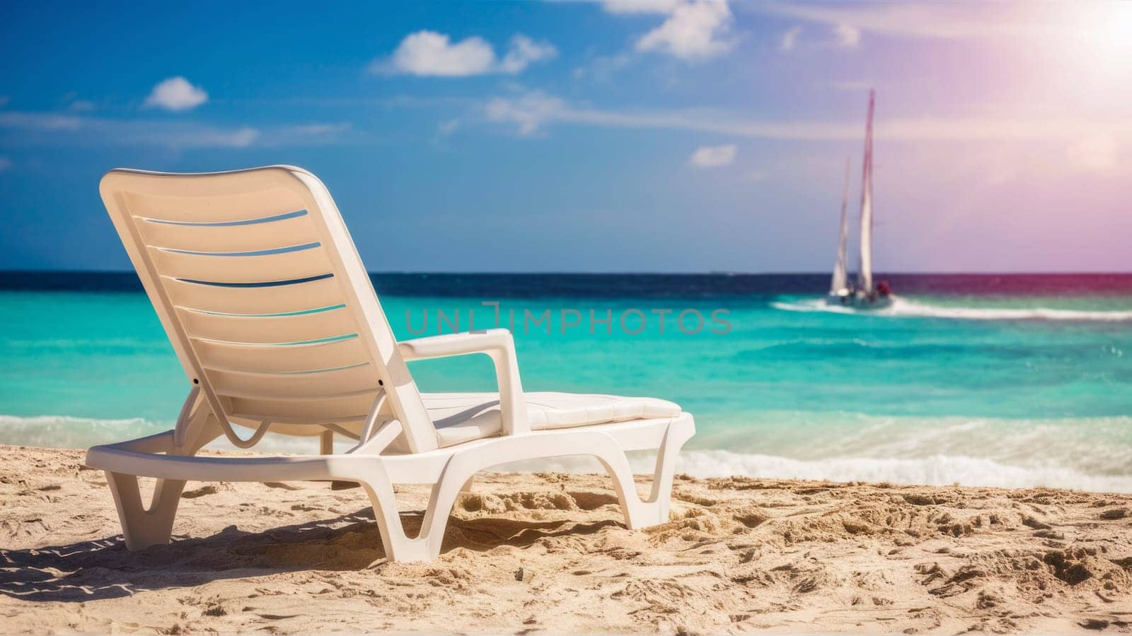 White beach lounge chair overlooking turquoise ocean under clear blue sky with sailboat in background.Perfect for travel brochures, vacation advertising and beach resort promotions.copy space