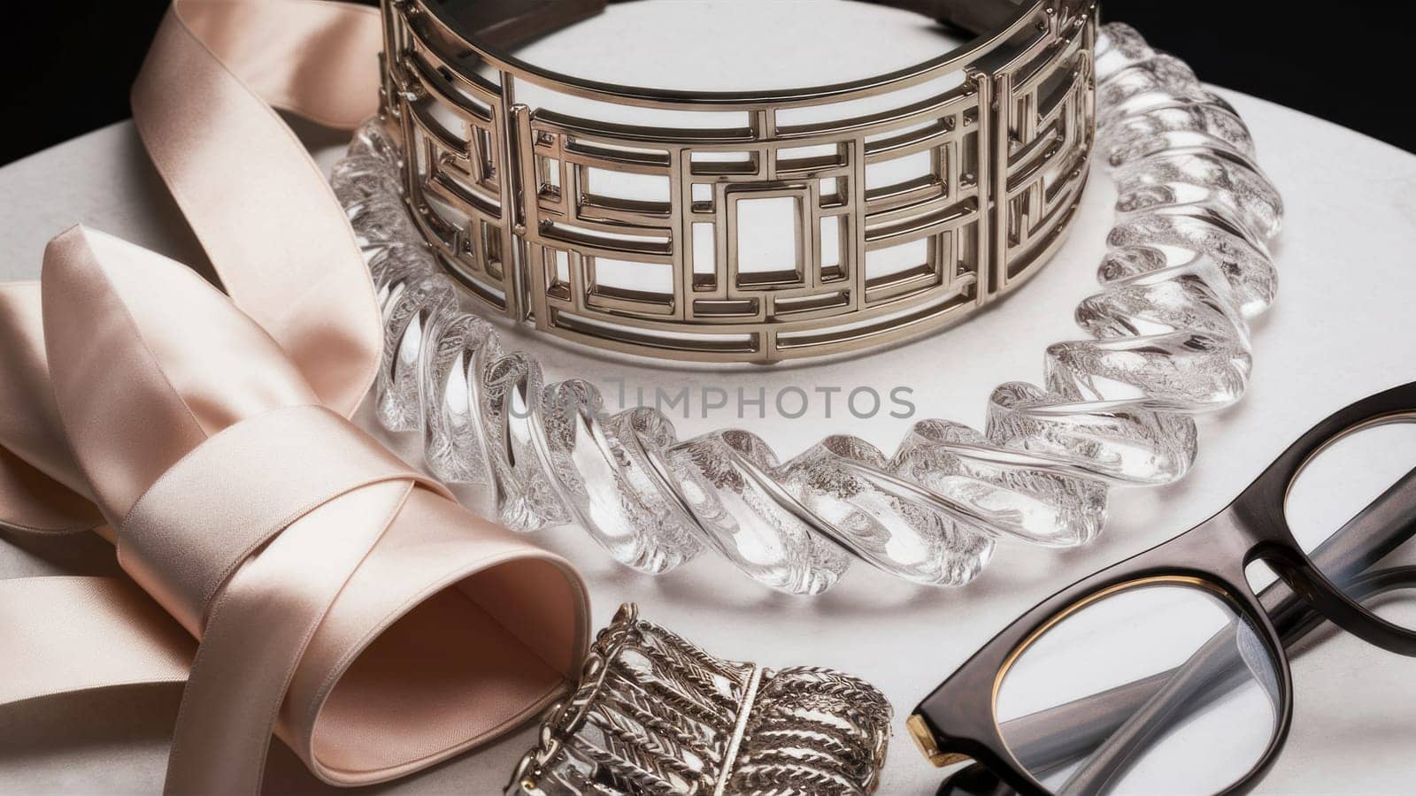 A collection of luxurious accessories including a crystal necklace, satin ribbon, and metallic bracelet, arranged elegantly.