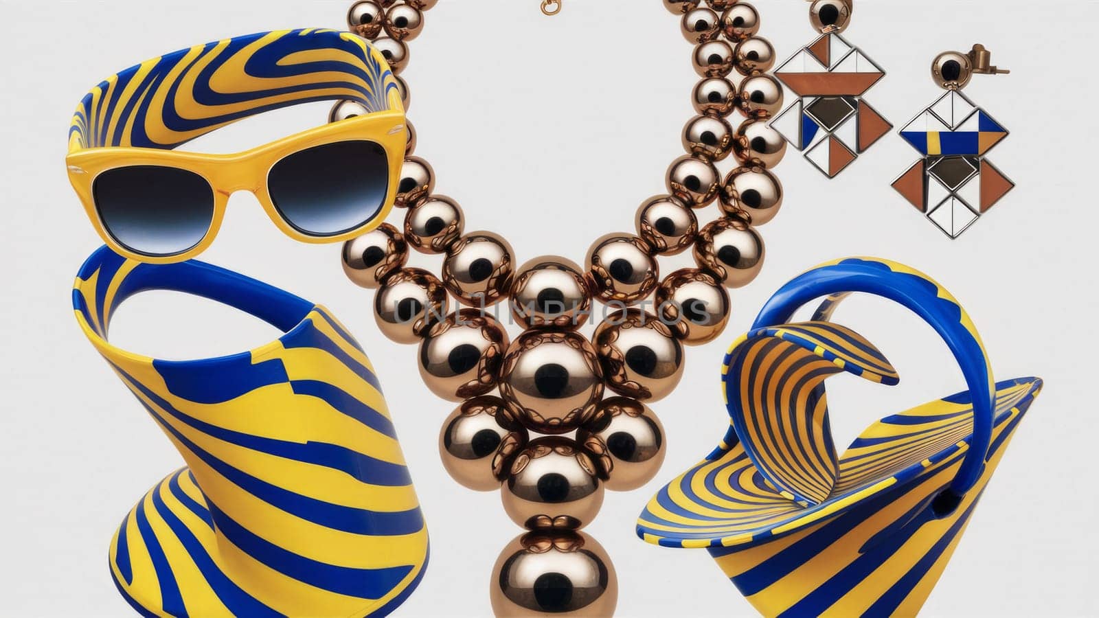 A collection of vibrant and bold fashion accessories including geometric earrings, a chunky necklace, and colorful high heels. Eye-catching and unique.