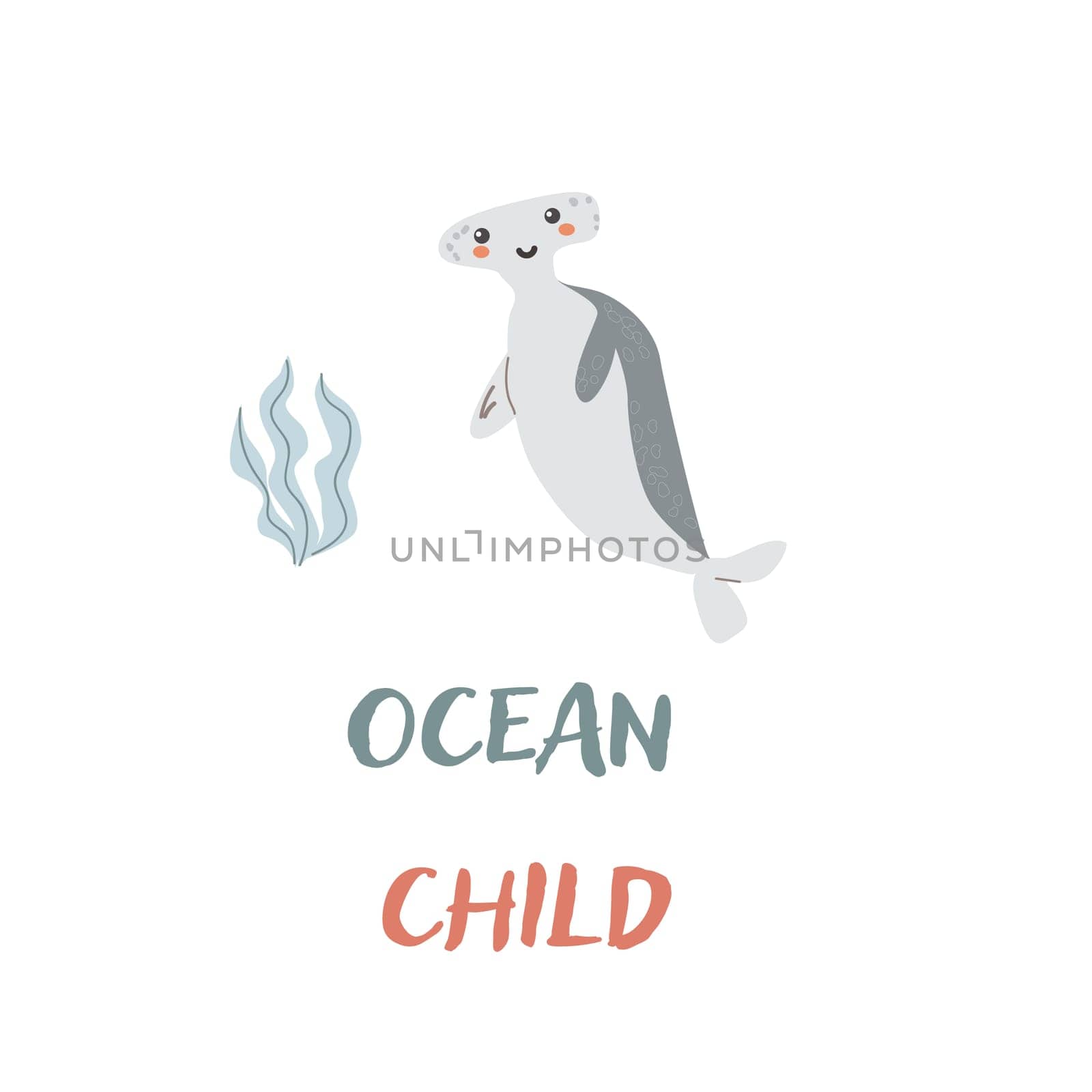 Childrens sea animal hammerfish background with words. Nautical elements. Cute fish or ocean inhabitant with seaweed. Sea wild life, marine animals with text for stickers, cover design, cloth