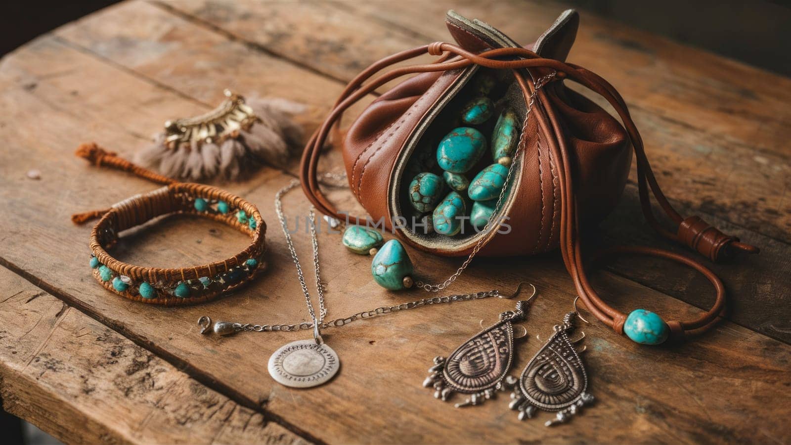 A rustic collection of bohemian jewelry featuring turquoise stones, silver earrings, a necklace, and a leather pouch, displayed on a wooden surface.