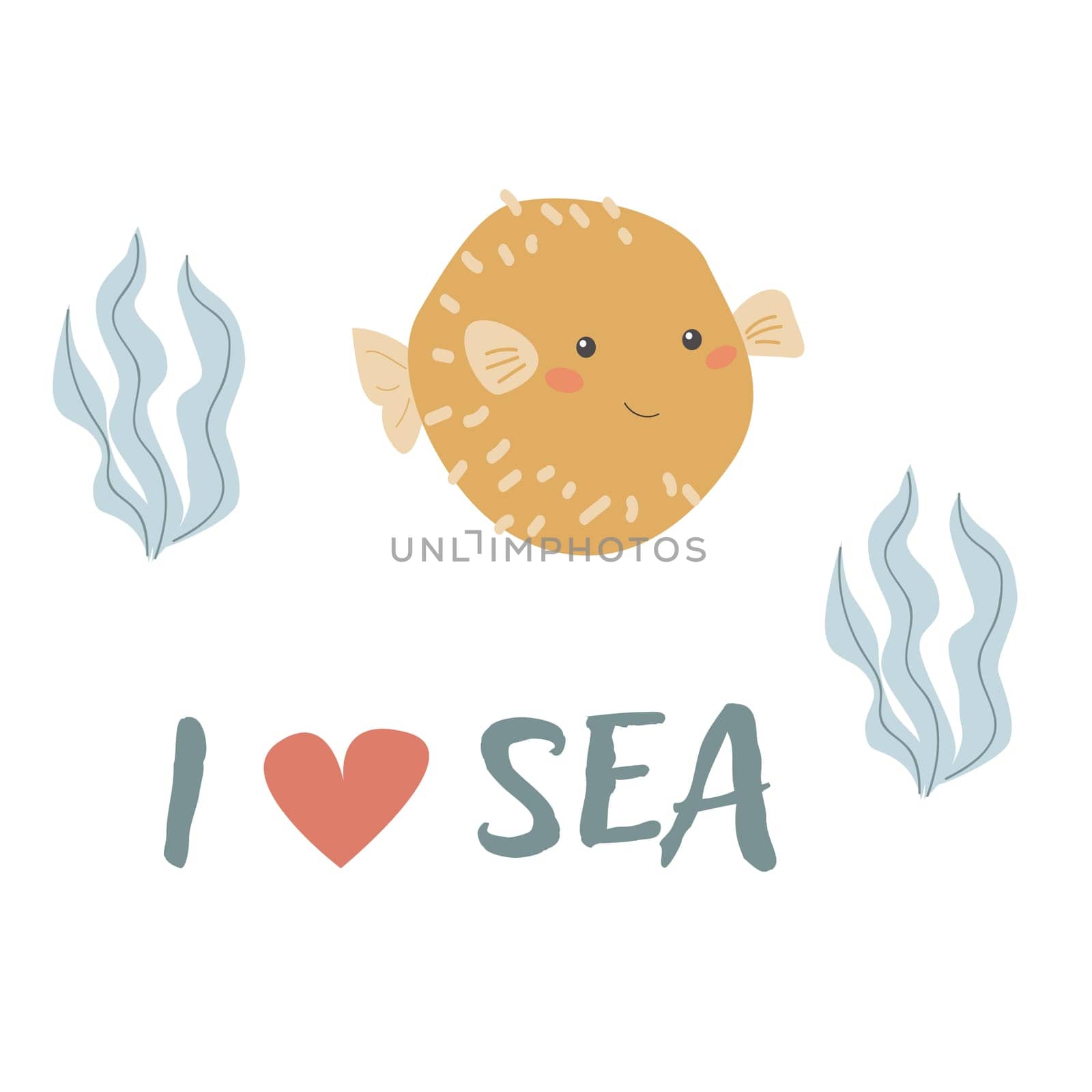 Childrens sea animal fugu fish background with words. Nautical elements. Cute fish or ocean inhabitant with seaweed. Sea wild life, marine animals with text for stickers, cover design, cloth