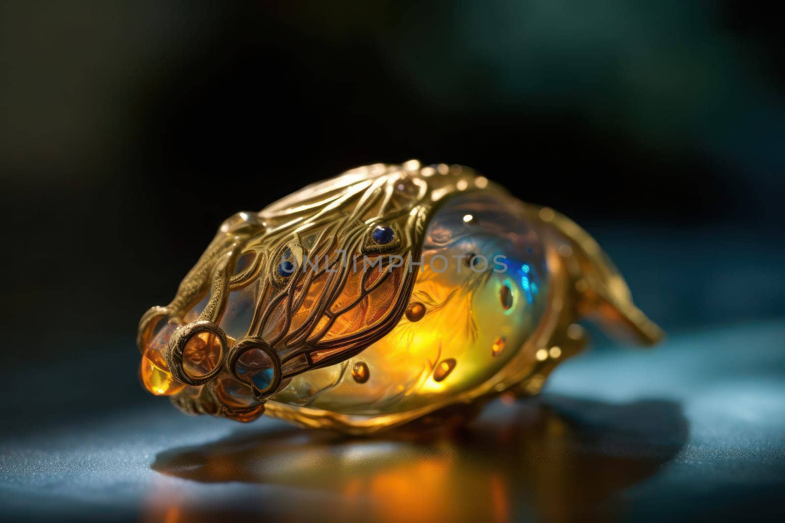A beautifully crafted decorative gemstone egg with intricate gold designs and a shiny iridescent surface on a dark background.