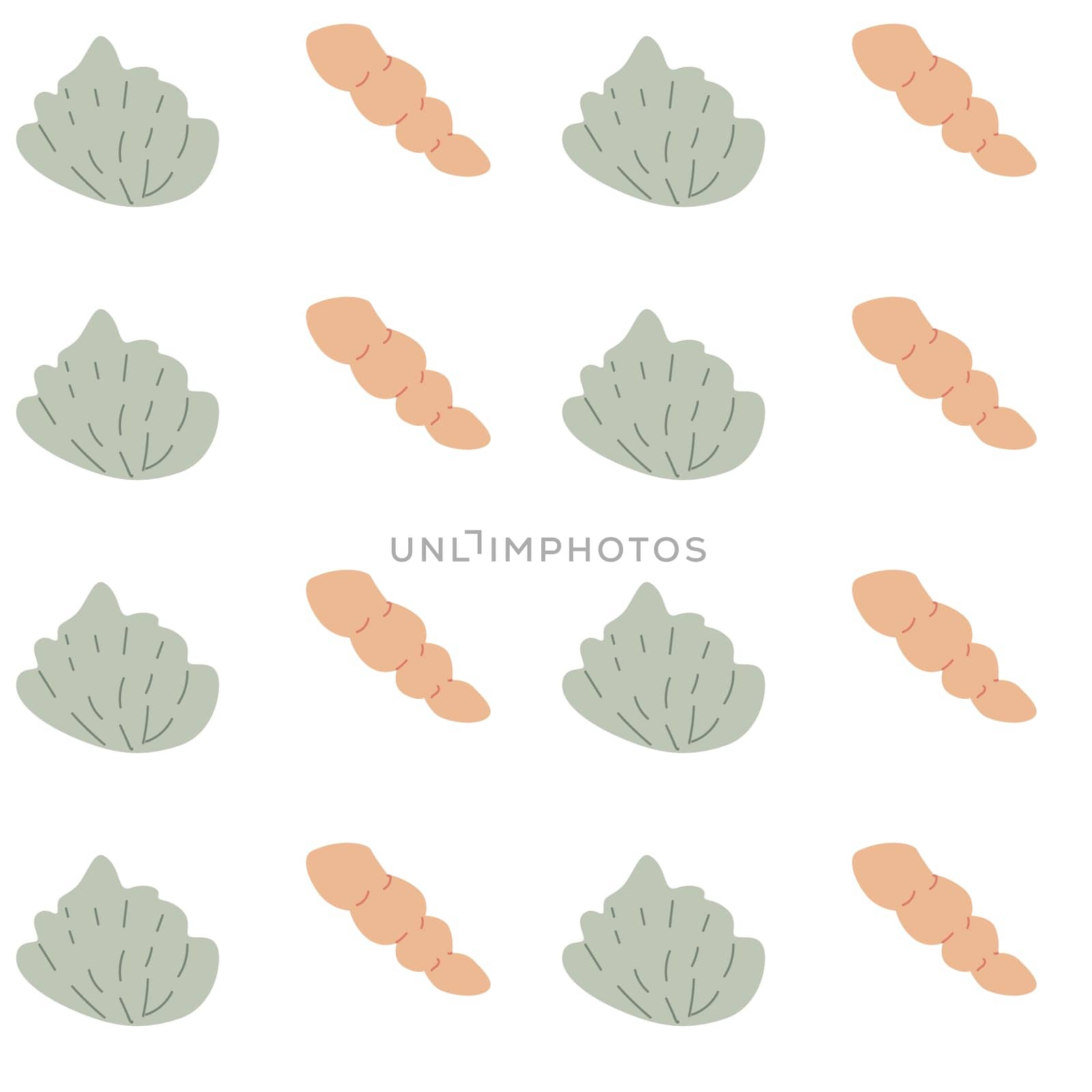 Childrens cute fashion pattern. Childish sea shell seamless background. Marine life elements pattern. Nursery design. Pastel colors. Clams background, seashells, seaweed print. Seashore beach elements