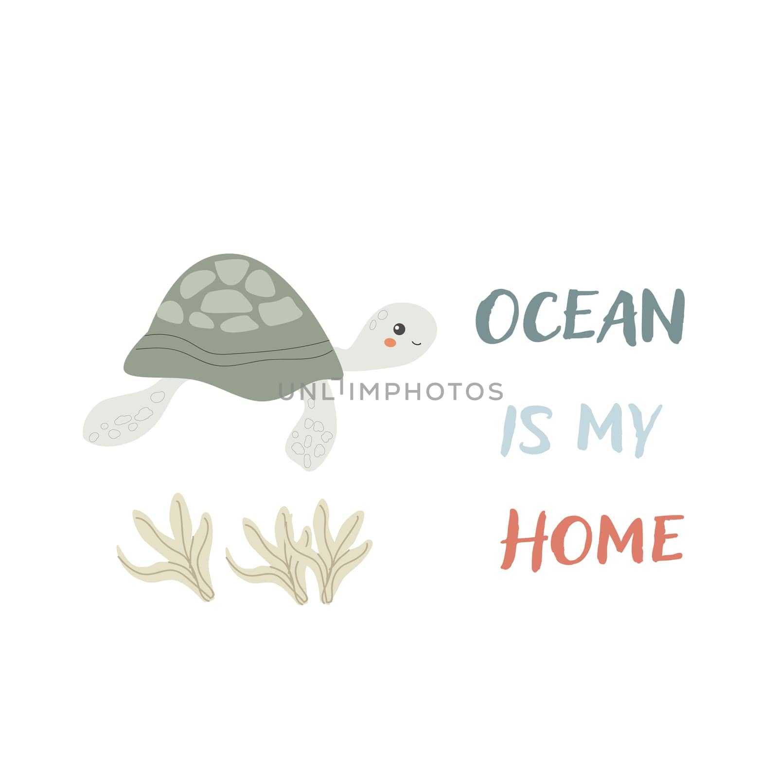 Childrens sea animal background with words. Nautical elements. Cute fish or ocean inhabitant with seaweed. Sea wild life, marine animals with text for stickers, cover design, clothes.