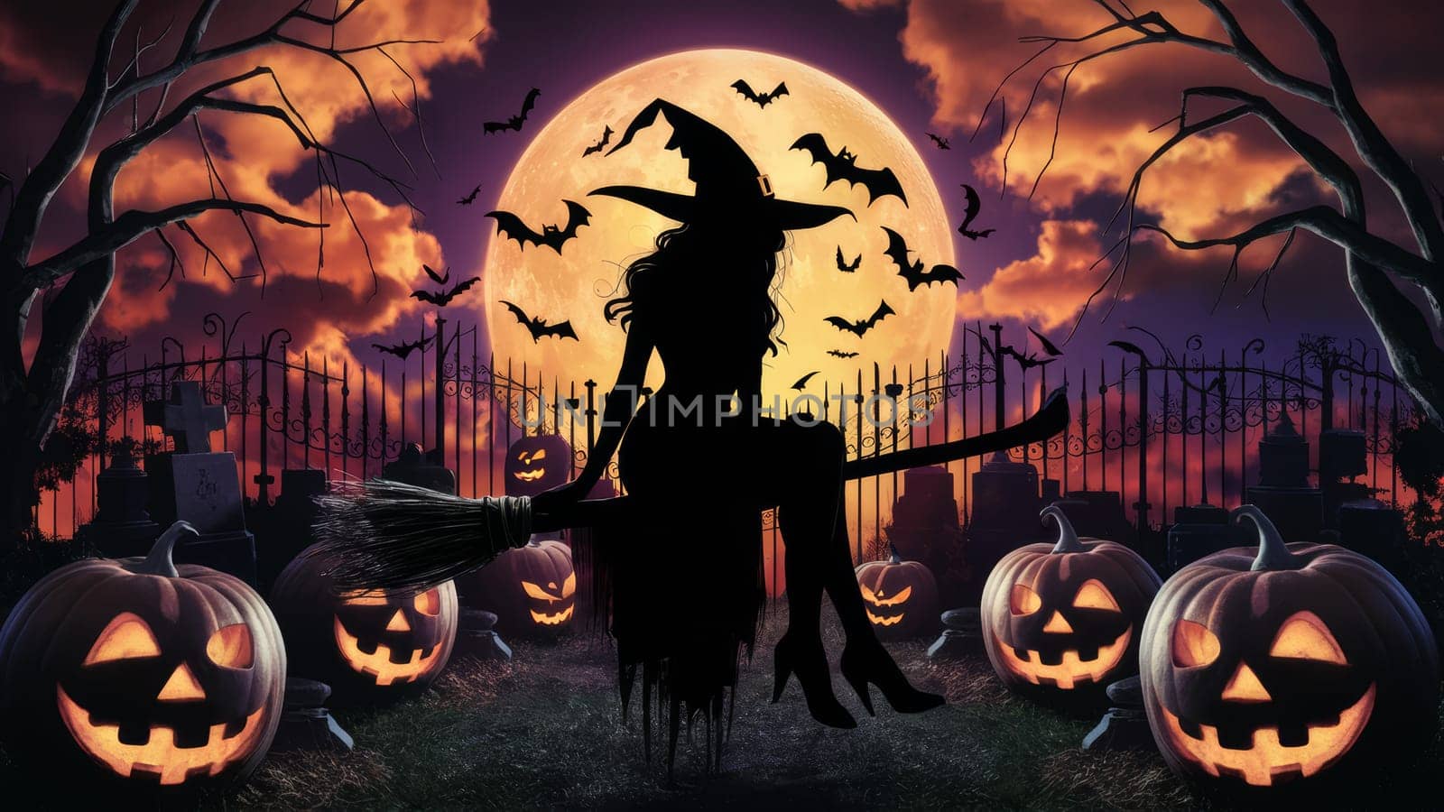 Silhouette of a witch on a broomstick against a full moon, surrounded by jack-o-lanterns, bats, and a spooky graveyard setting. AI-generated.
