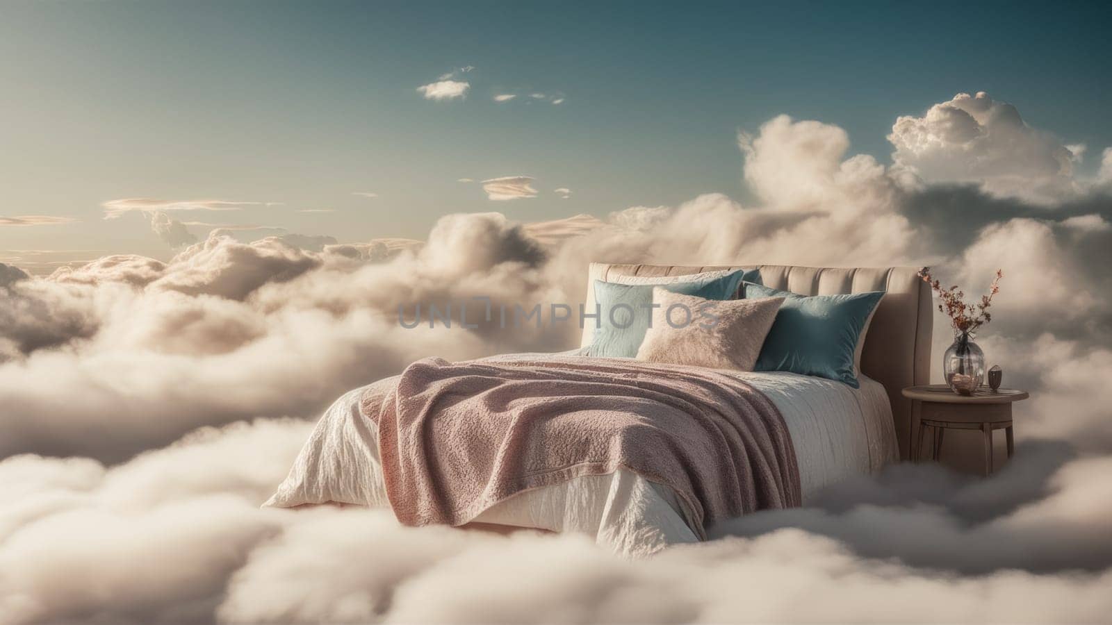 A cozy bed with pillows and blankets seemingly floating on clouds against a serene sky.Suitable for fantasy art, sleep product advertising
