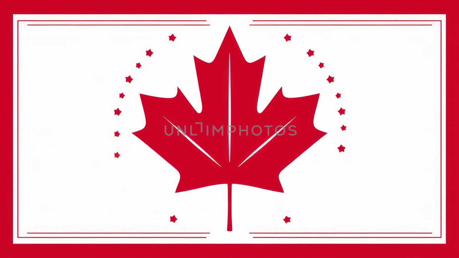 A stylized red maple leaf emblem set against a white background, surrounded by small stars and framed in red.