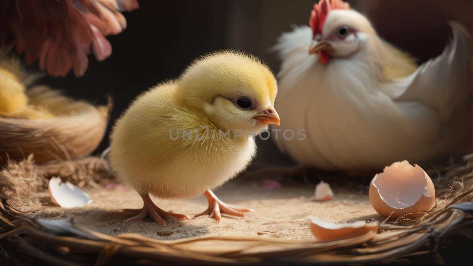 A cute yellow chick sits in a nest with its mother hen nearby, surrounded by broken eggshells, symbolizing new life and nurturing.