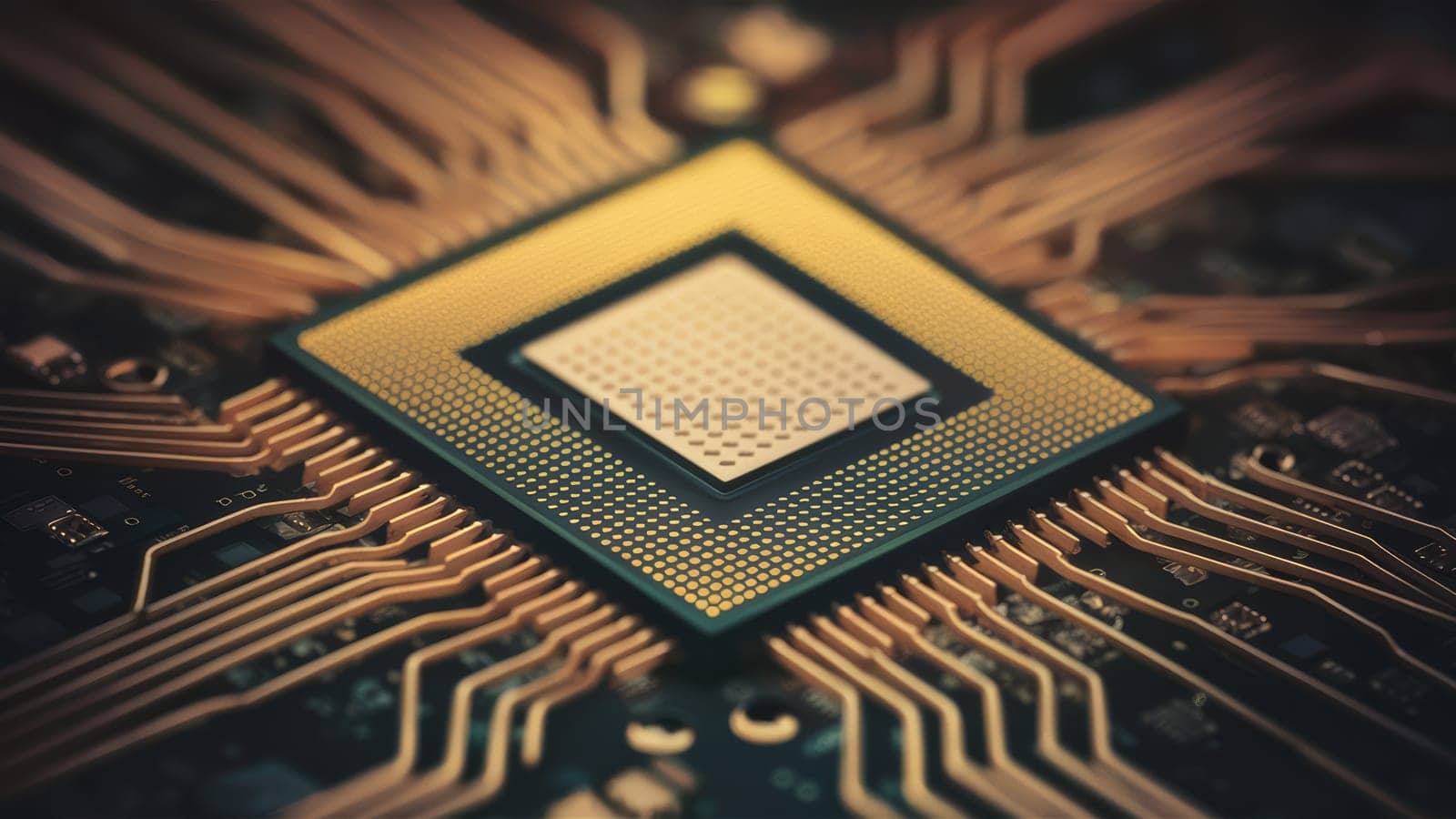 Detailed close-up image of an advanced microprocessor with golden circuits on a dark background. .