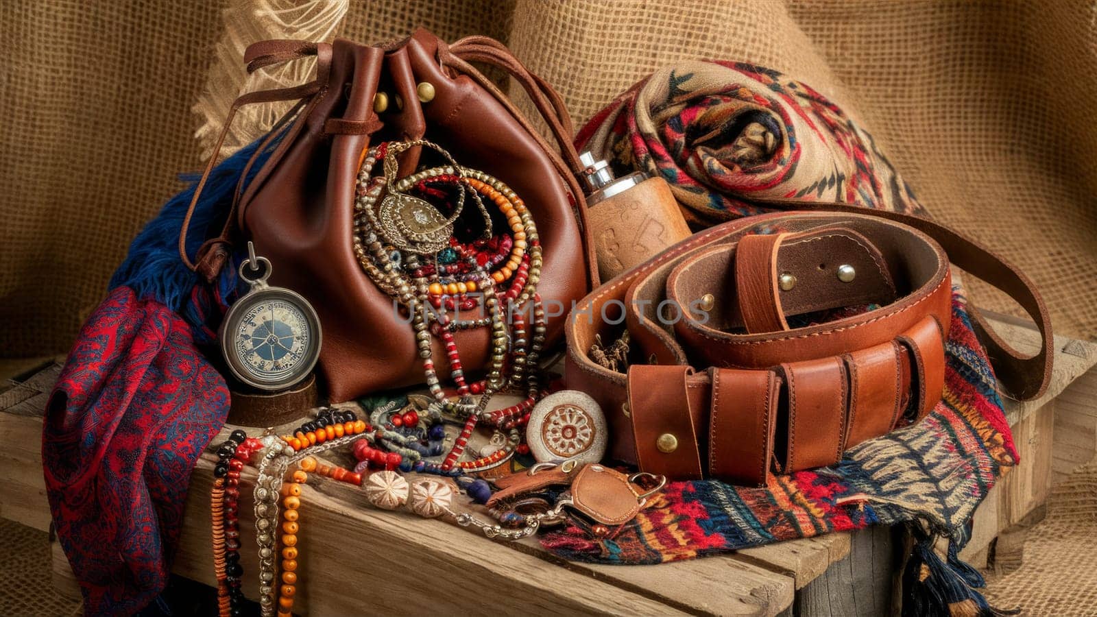 A collection of bohemian leather accessories, including a bag, belts, necklaces, and a compass, set against a burlap background.