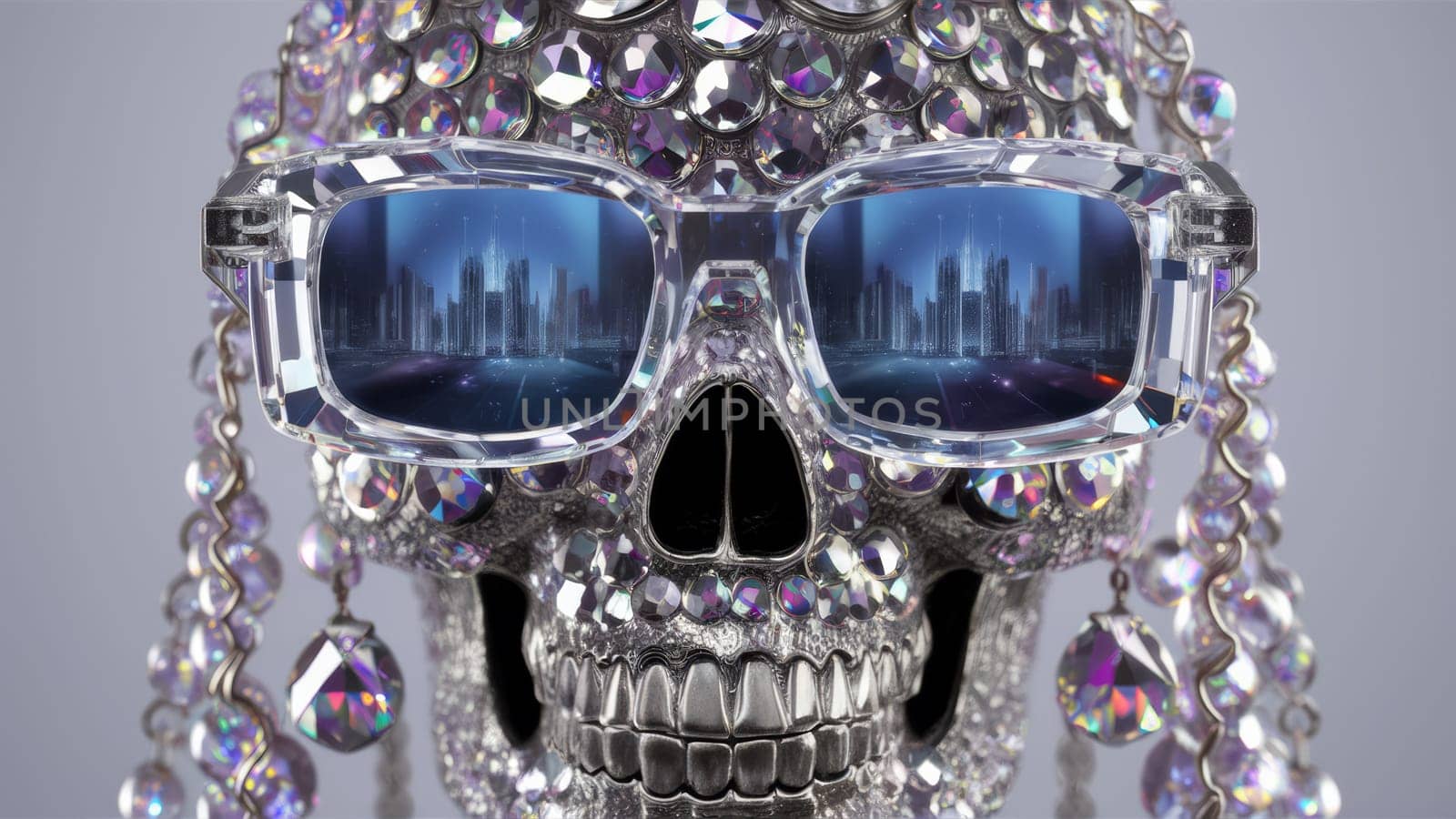 A crystal-encrusted skull wearing reflective sunglasses showing a futuristic cityscape. The skull is adorned with shiny jewels and beads, giving it a luxurious and surreal appearance.