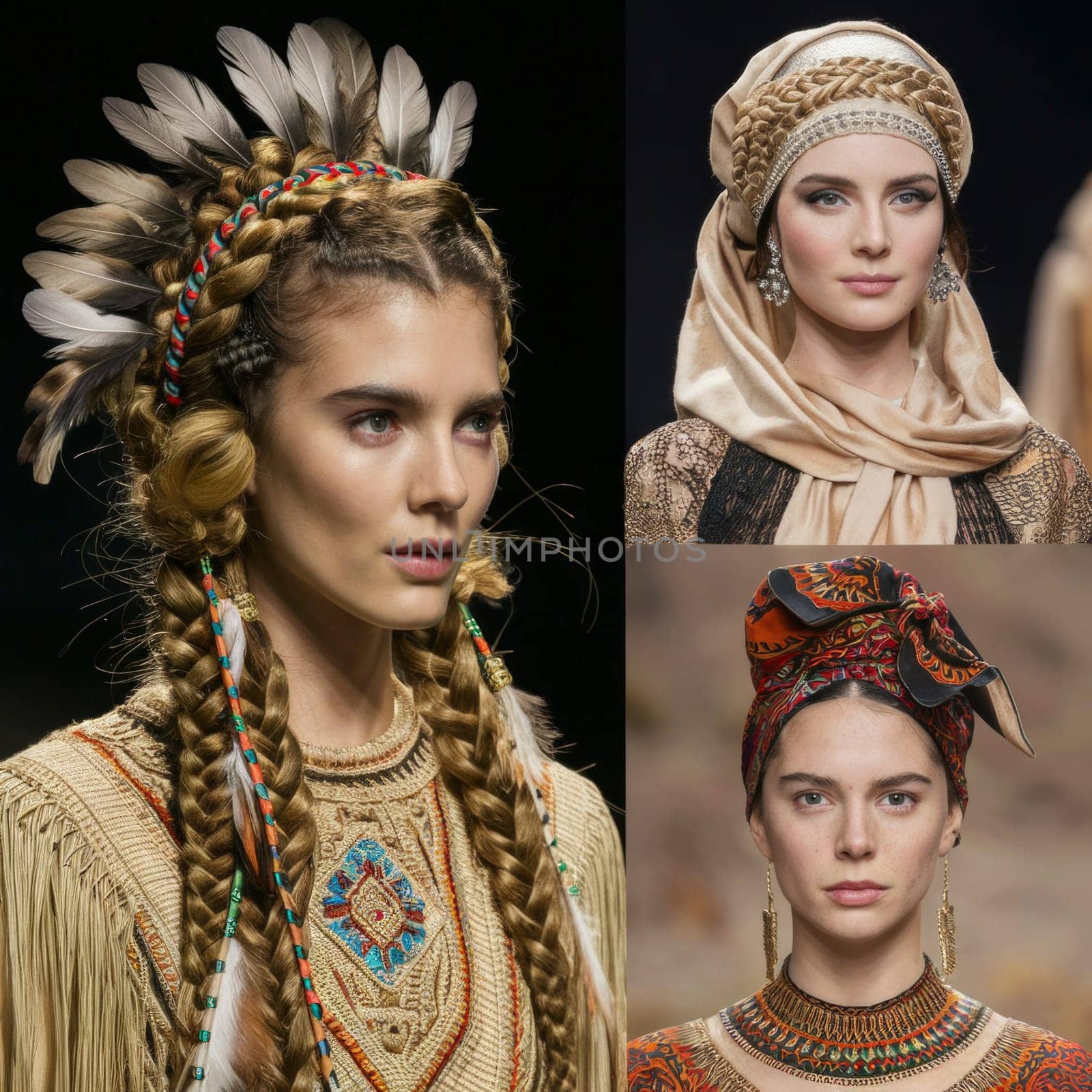 Traditional and Modern Headwrap Styles. Three models showcasing traditional and modern headwrap styles, featuring intricate braiding, feathers, and patterned fabrics. Cultural and elegant designs.