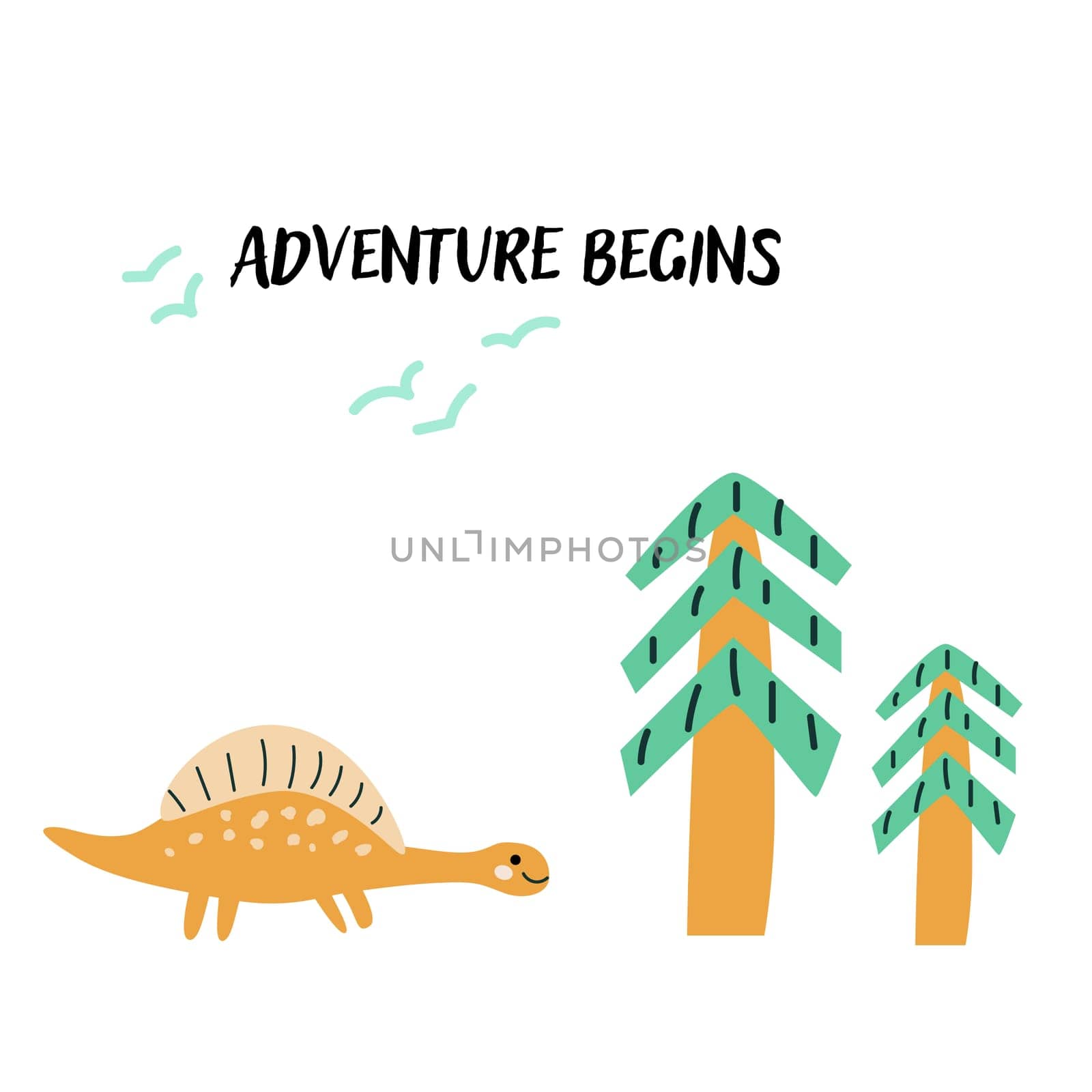 Cute dinosaur in nature background - childish poster with text. Childrens cute animals background. Doodle predator baby animal and christmas tree. Adventure begins or explore more quotes.