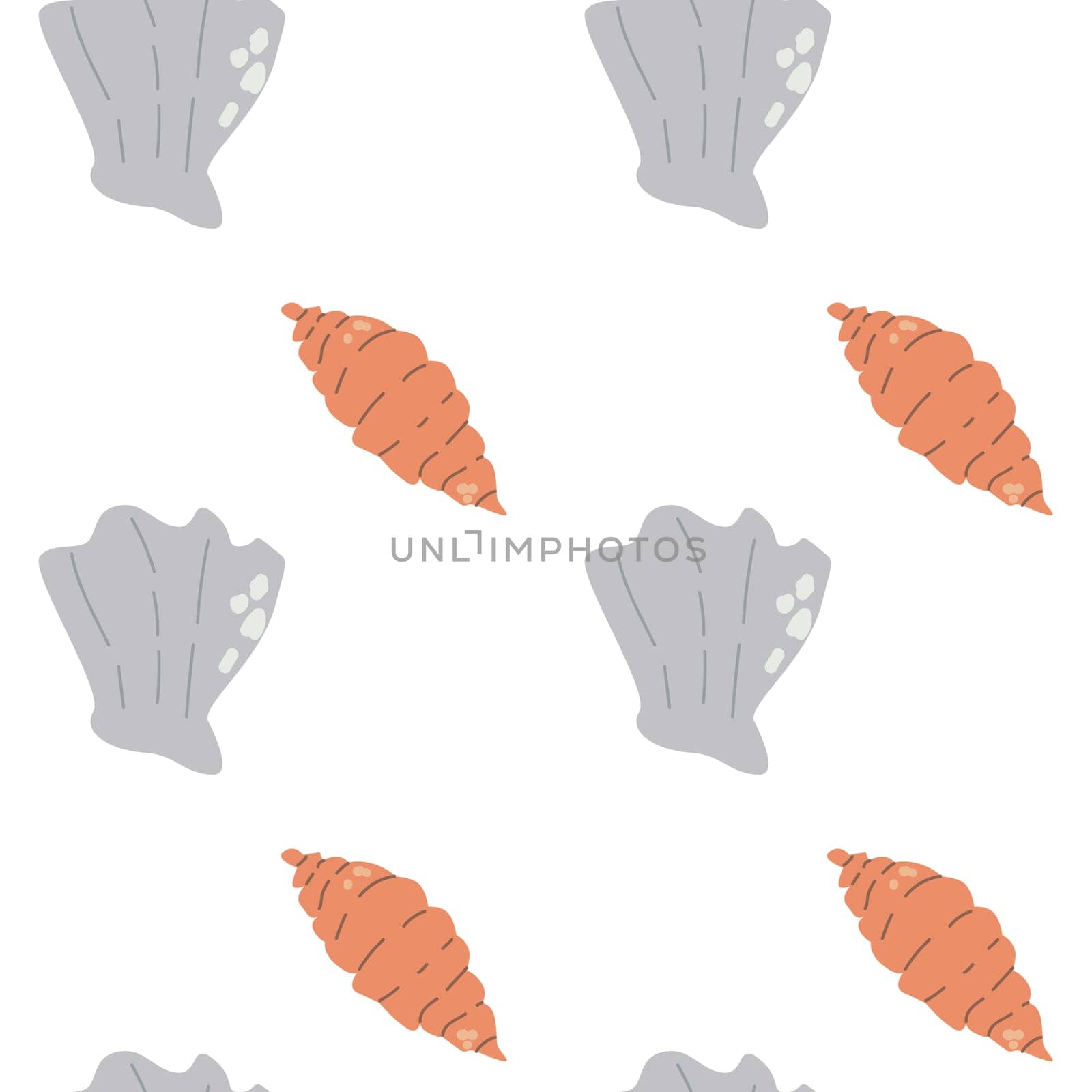 Childrens cute fashion pattern. Childish sea shell seamless background. Marine life elements pattern. Nursery design. Pastel colors. Clams background, seashells, seaweed print. Seashore beach elements