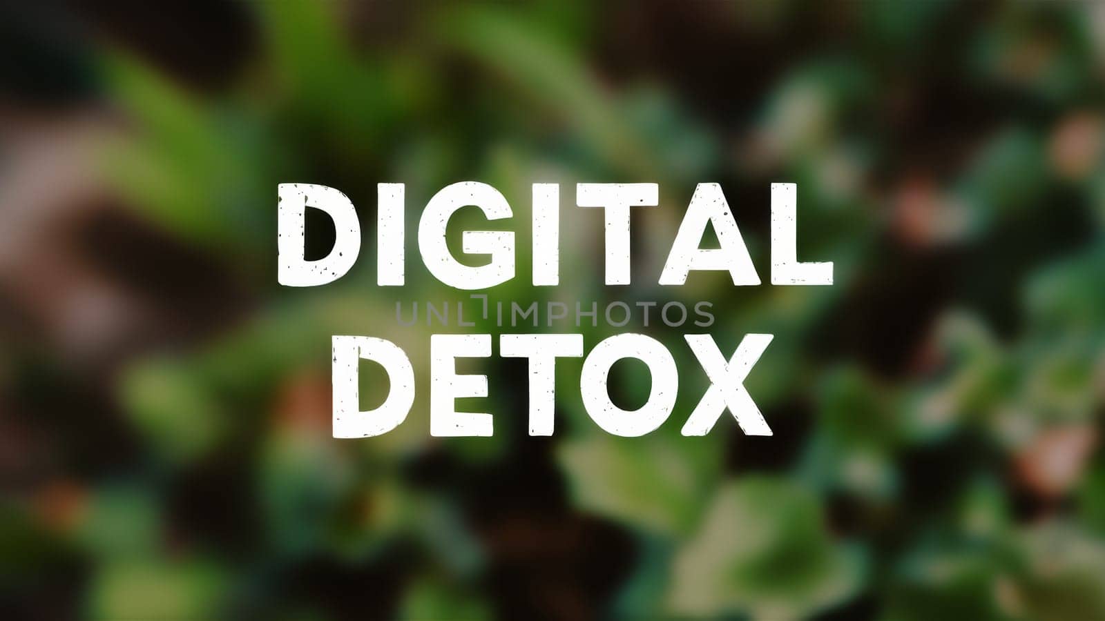 The phrase ,Digital Detox, is prominently displayed against a blurred green nature background, emphasizing the need for a break from technology.