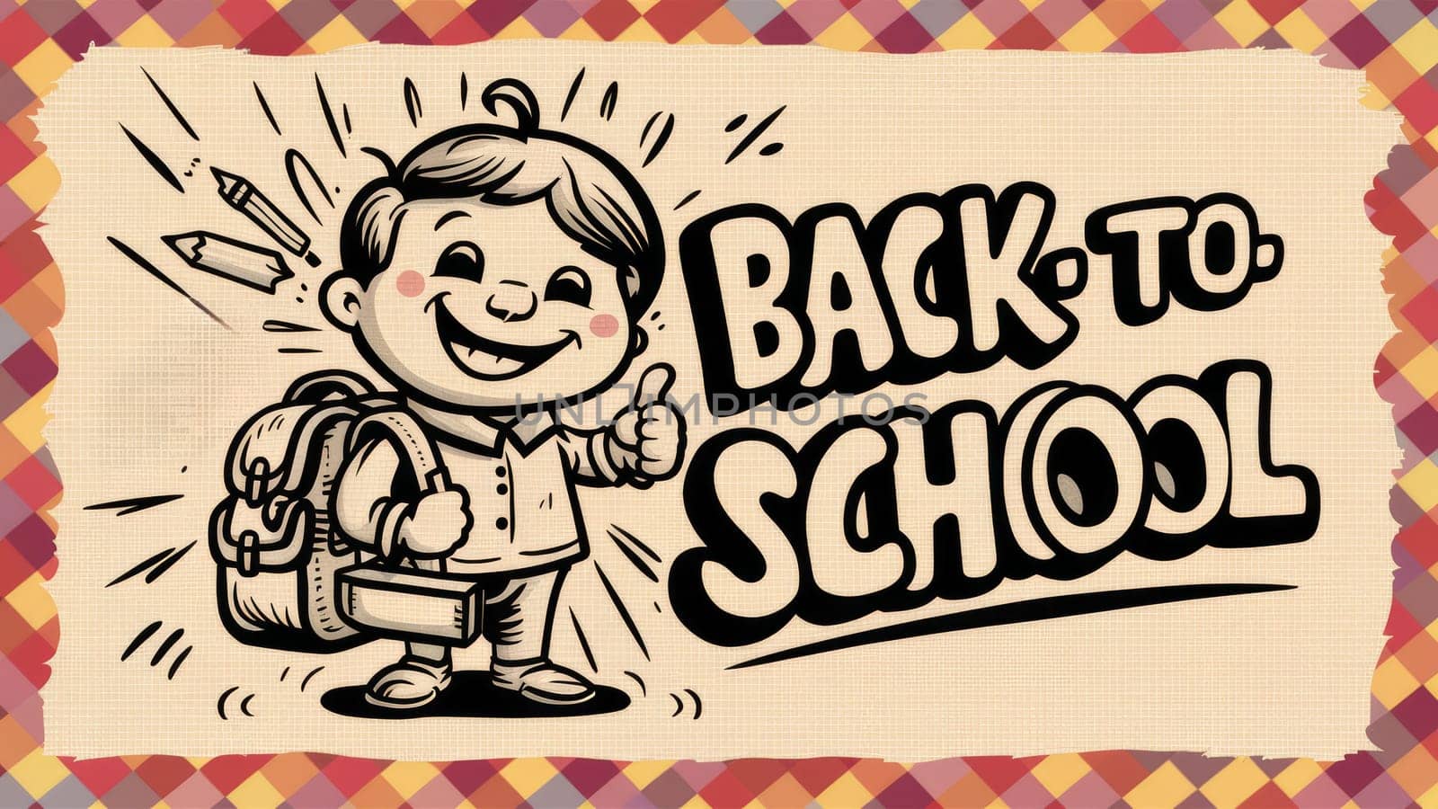 A vintage-style illustration of a happy student with a backpack and school supplies, accompanied by the text Back to School.