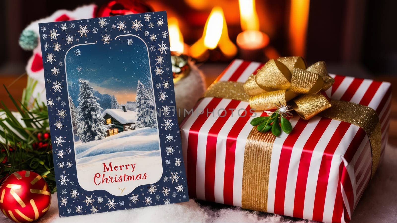 A festive Christmas card and a beautifully wrapped gift with a gold ribbon in a cozy holiday setting.