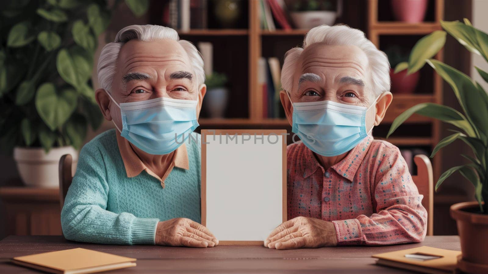 An elderly couple wearing face masks and holding a blank frame, with a backdrop of indoor plants and bookshelves.Suitable for health and safety campaigns, senior care promotions