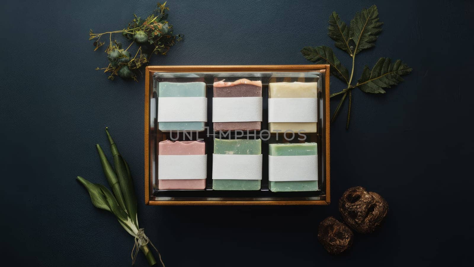 A set of six natural handmade soaps in a box, featuring green leaves and botanical elements on a dark background.Suitable for promoting organic products, handmade soaps and eco-friendly content.