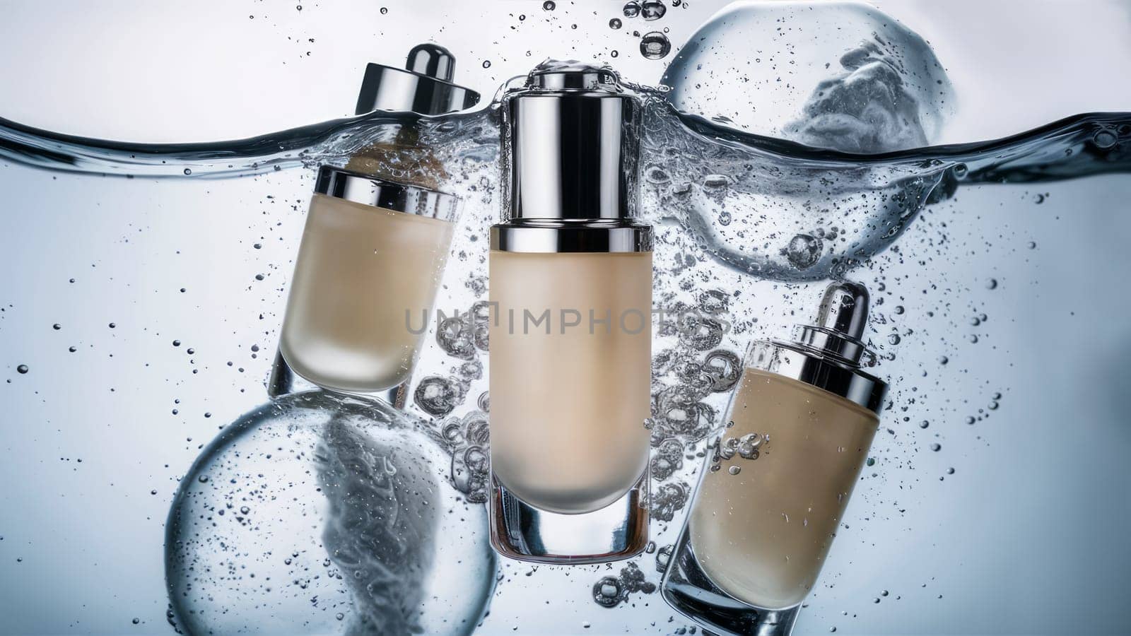 Skincare bottles submerged in water with bubbles, highlighting the freshness and hydration aspects of the products. skincare promotions and wellness campaigns.