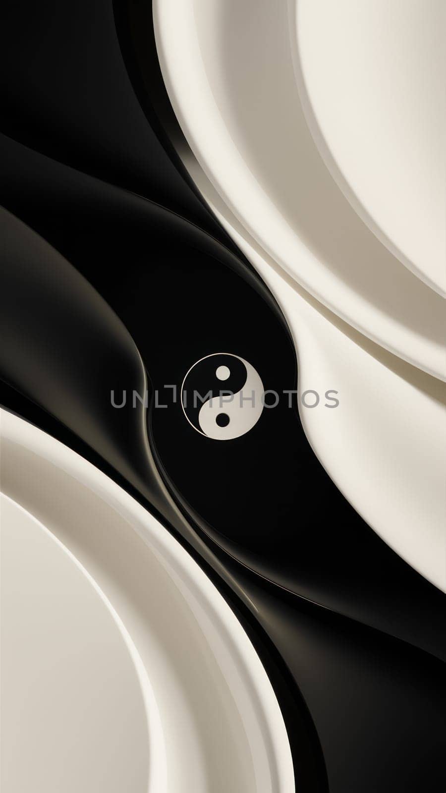 A visually striking abstract image of the Yin Yang symbol surrounded by flowing black and white waves, symbolizing balance and harmony.phone wallpaper
