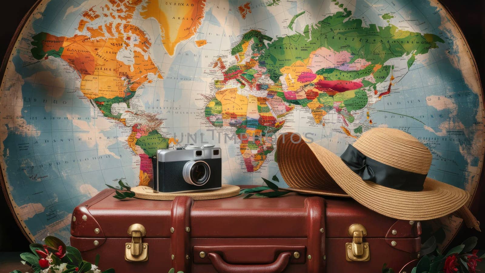 A suitcase, camera, and hat placed in front of a world map symbolize the essentials for traveling the world.Suitable for travel guides, adventure planning, and vacation content.