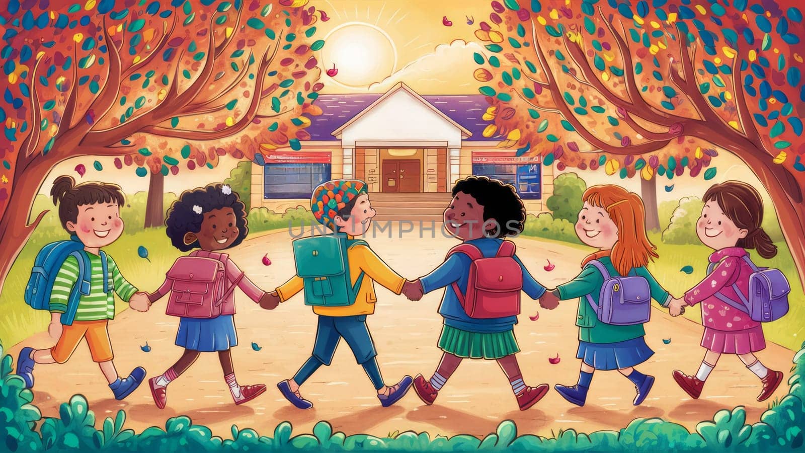 A cheerful illustration of diverse children walking hand-in-hand towards a school, surrounded by colorful autumn trees and falling leaves.