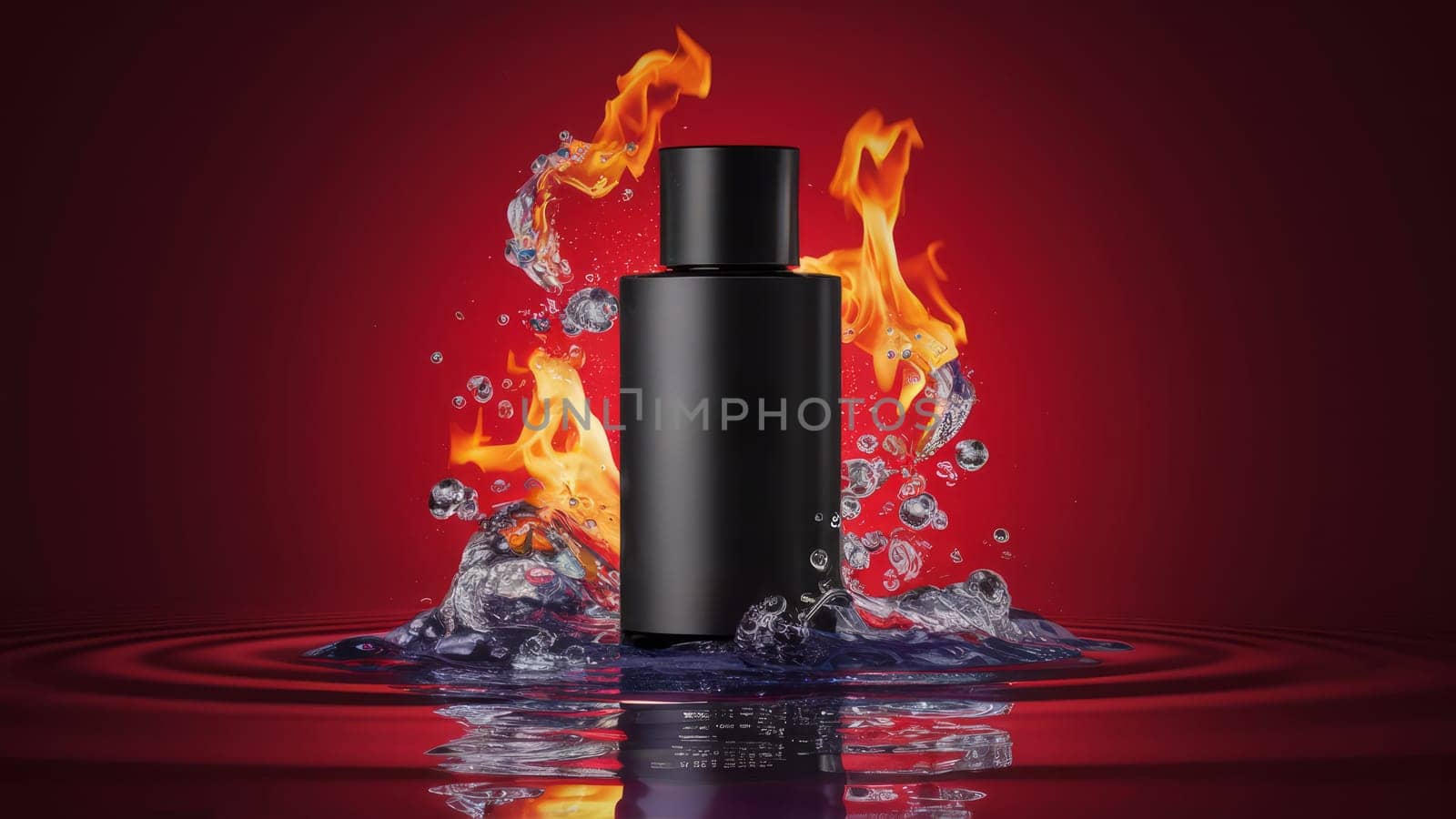 A delicate black bottle surrounded by dynamic splashes of water and flame on a bright red background.cosmetic product packaging