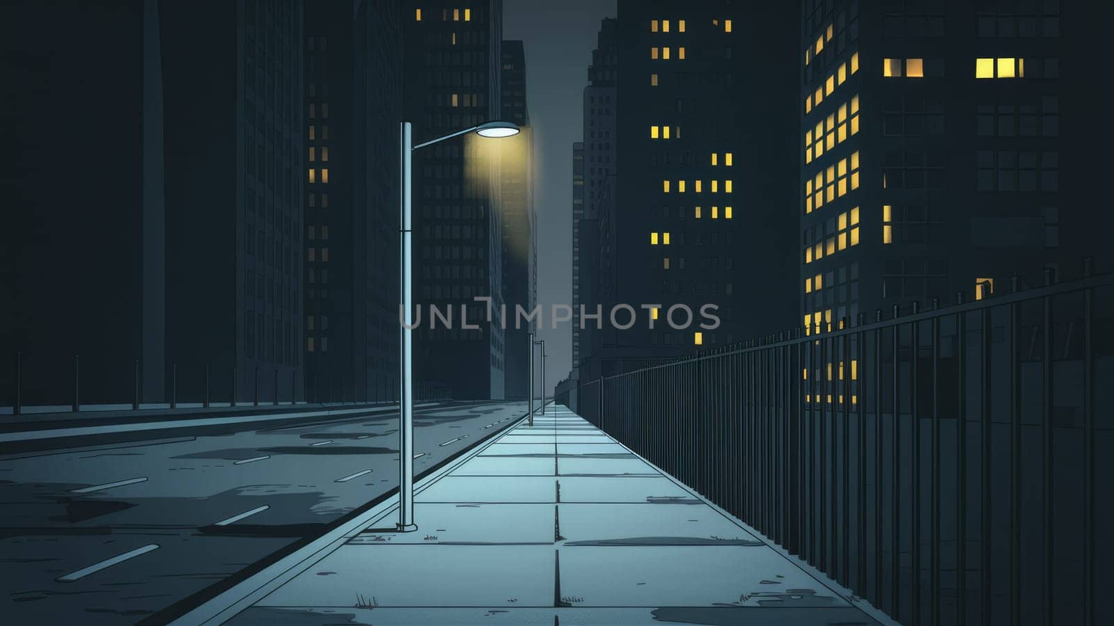 A deserted city street at night, lit by a single street lamp, with tall buildings in the background and a calm, quiet atmosphere.