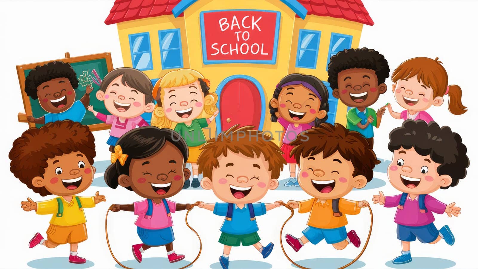Happy Kids Back to School Illustration. A cheerful illustration of diverse children playing and smiling in front of a school building, with a ,Back to School, sign.