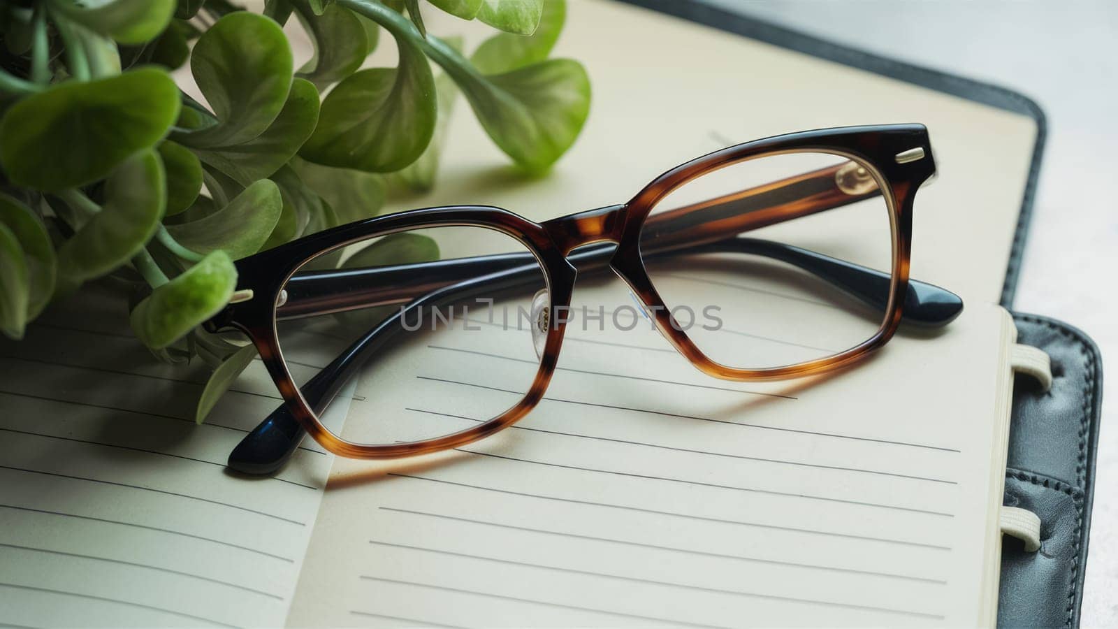 A pair of tortoiseshell glasses on an open notebook surrounded by a lush green plant, creating a calm and intellectual environment.
