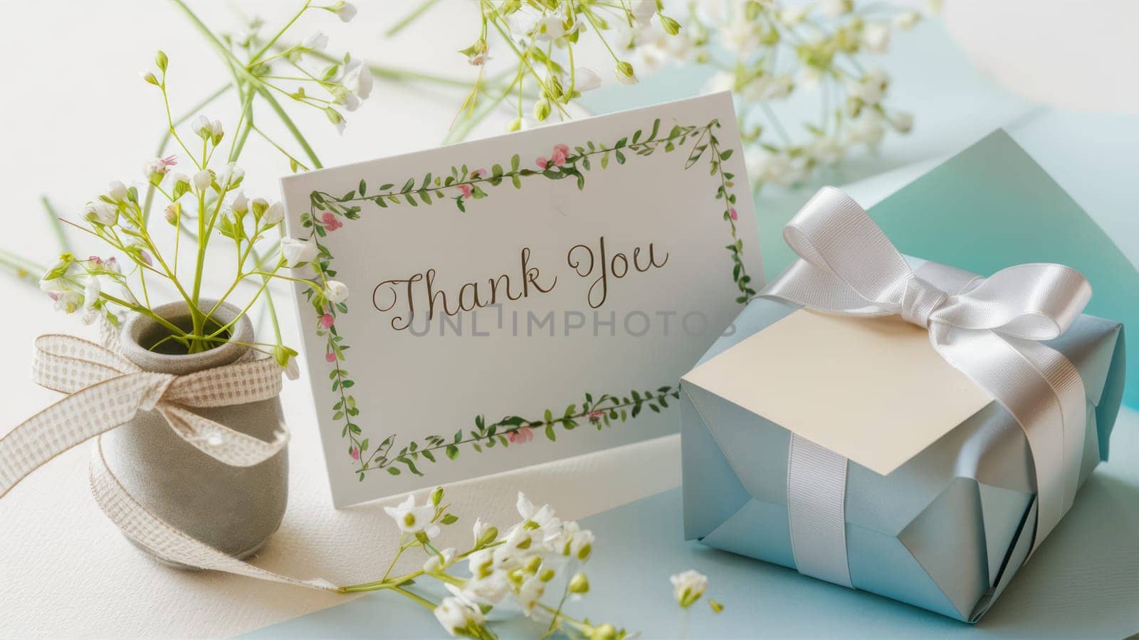 An elegant thank you card is displayed with a blue gift box tied with a white ribbon and delicate flowers, set on a soft pastel background.