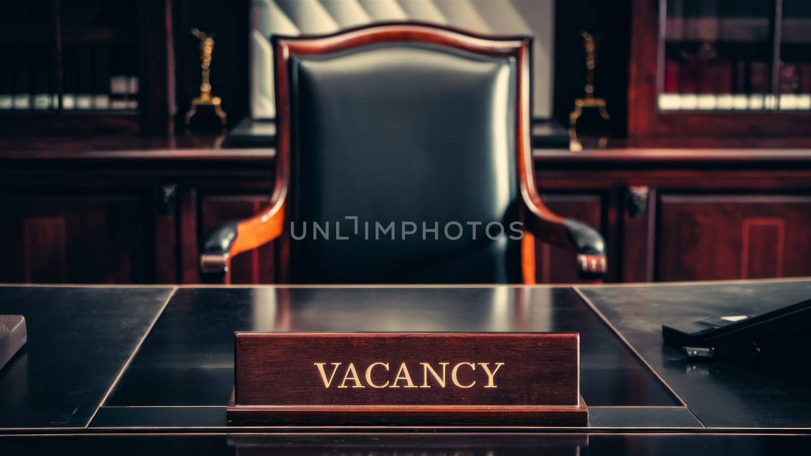 Executive chair behind desk with wooden Vacancy sign placed in classic office space with dark wood furniture.